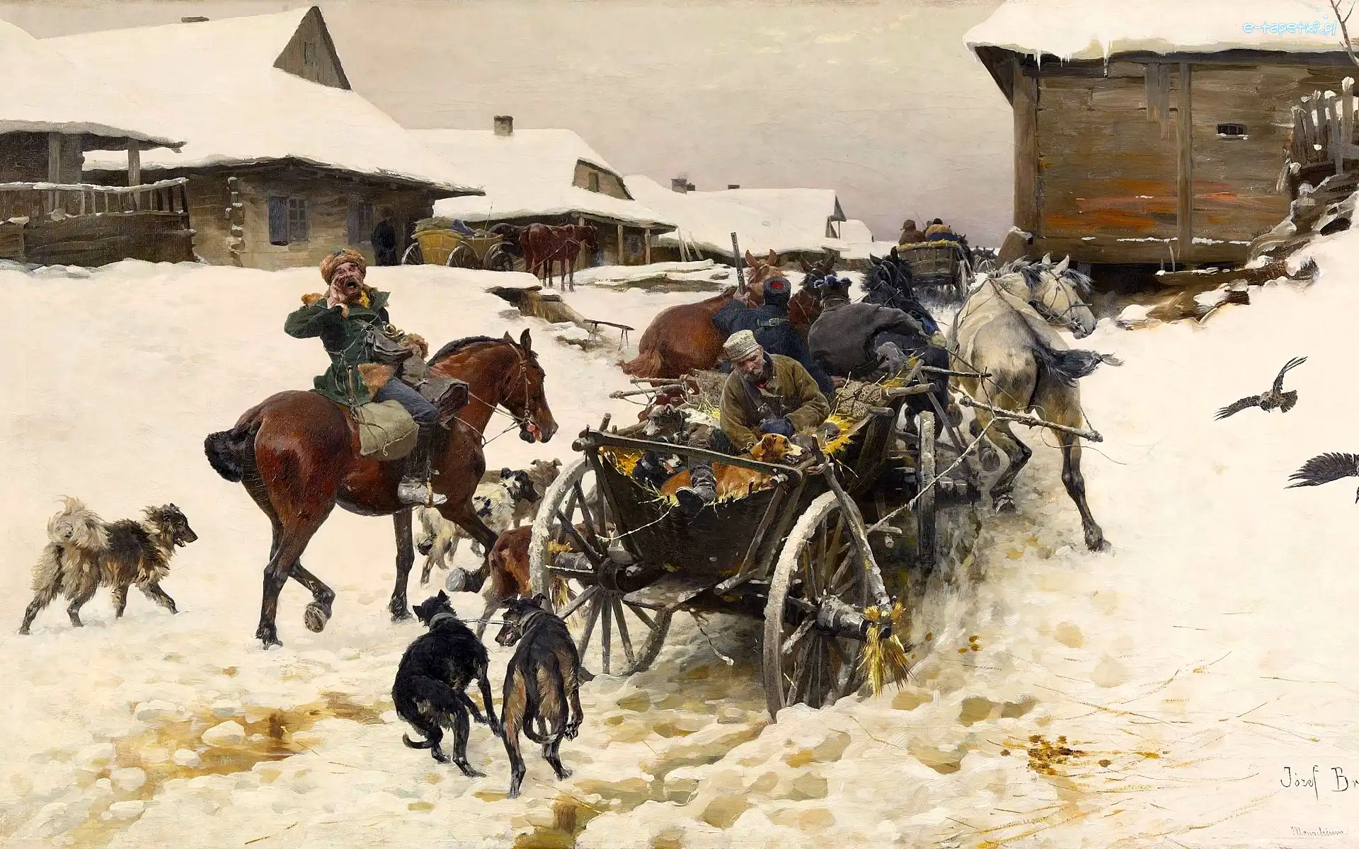 Zaprzęg konny, Śnieg, Józef Brandt, Obraz, Malarstwo, Domy, Psy, Zima, Konie