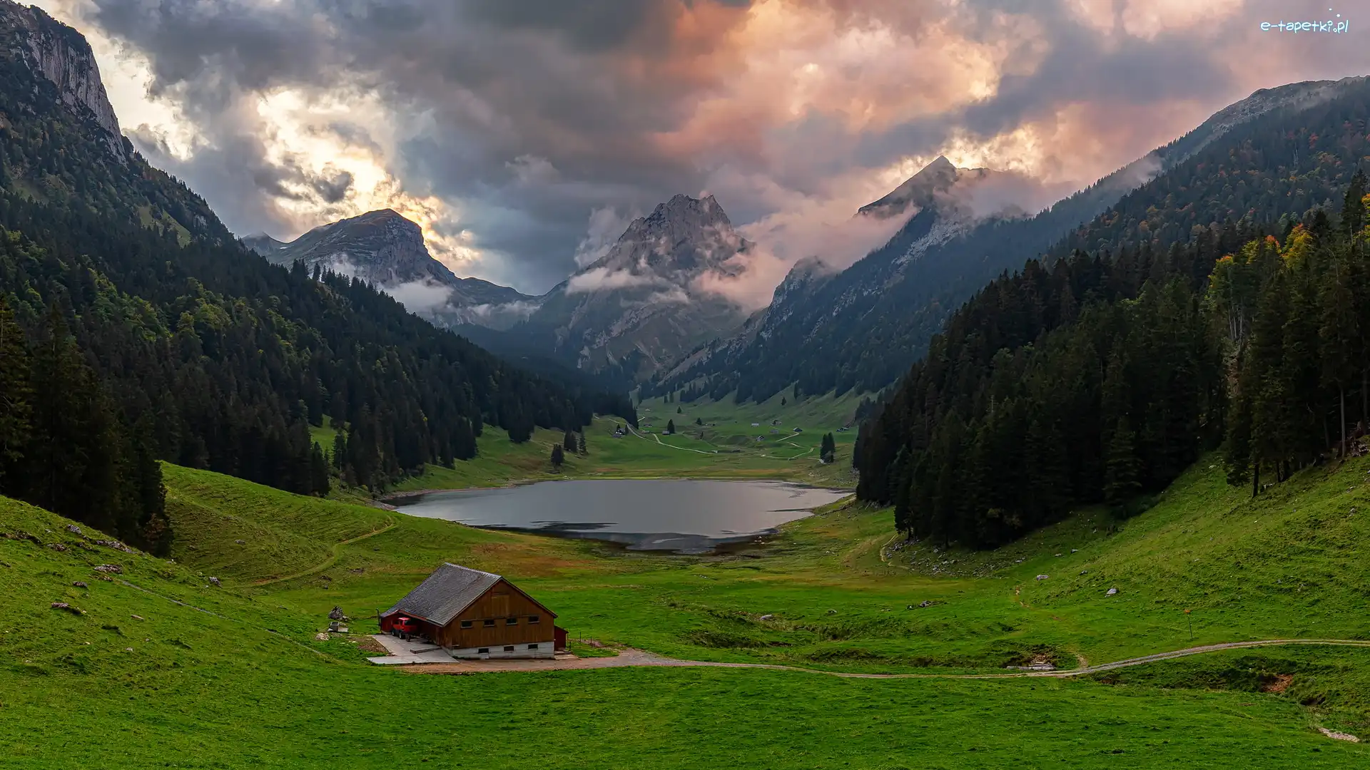 Szwajcaria, Góry Alpy, Masyw Alpstein, Dom, Jezioro Samtisersee, Kanton Sankt Gallen, Lasy