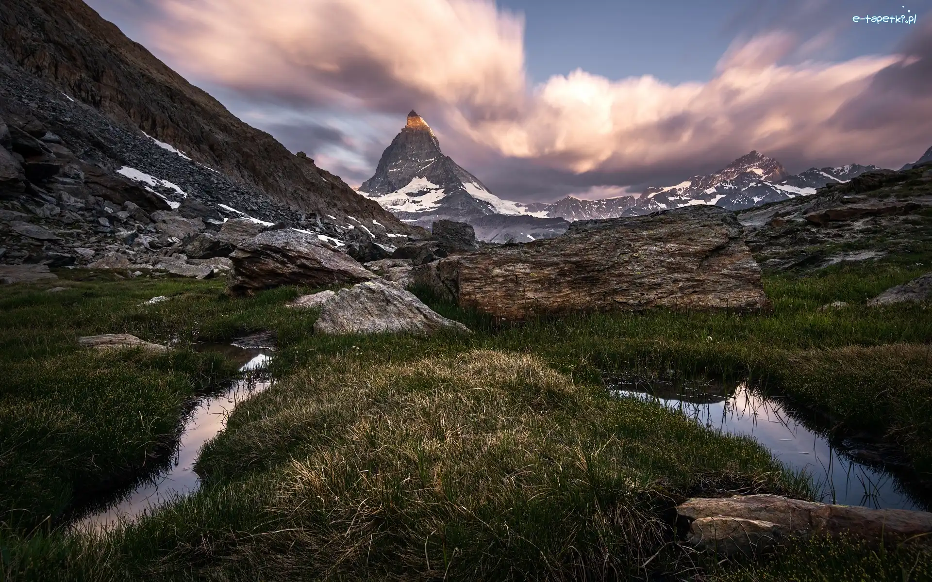 Skały, Alpy Pennińskie, Szczyt Matterhorn, Strumyk, Góry, Szwajcaria