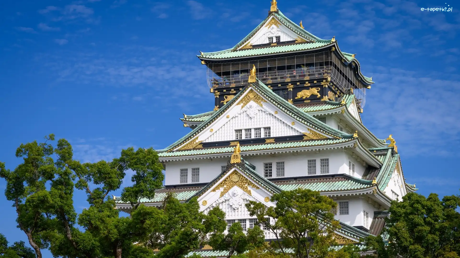 Niebo, Osaka-jo, Japonia, Błękitne, Wieża główna, Tenshu, Drzewa, Zamek Osaka, Brokatowy zamek, Osaka
