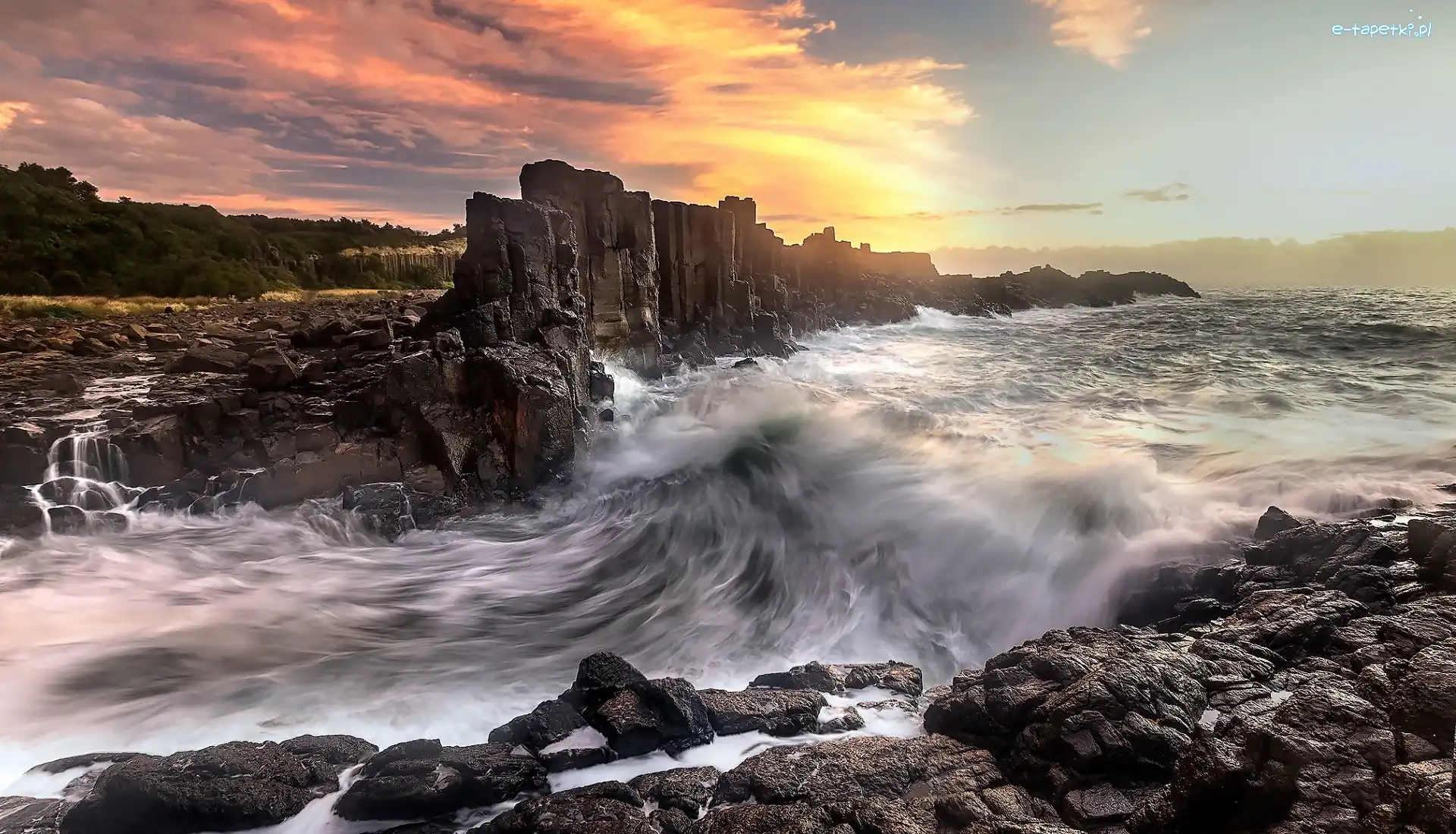 Drzewa, Skały, Formacja skalna, Morze, Zachód słońca, Australia, Kiama, Bombo Headland Quarry, Bombo