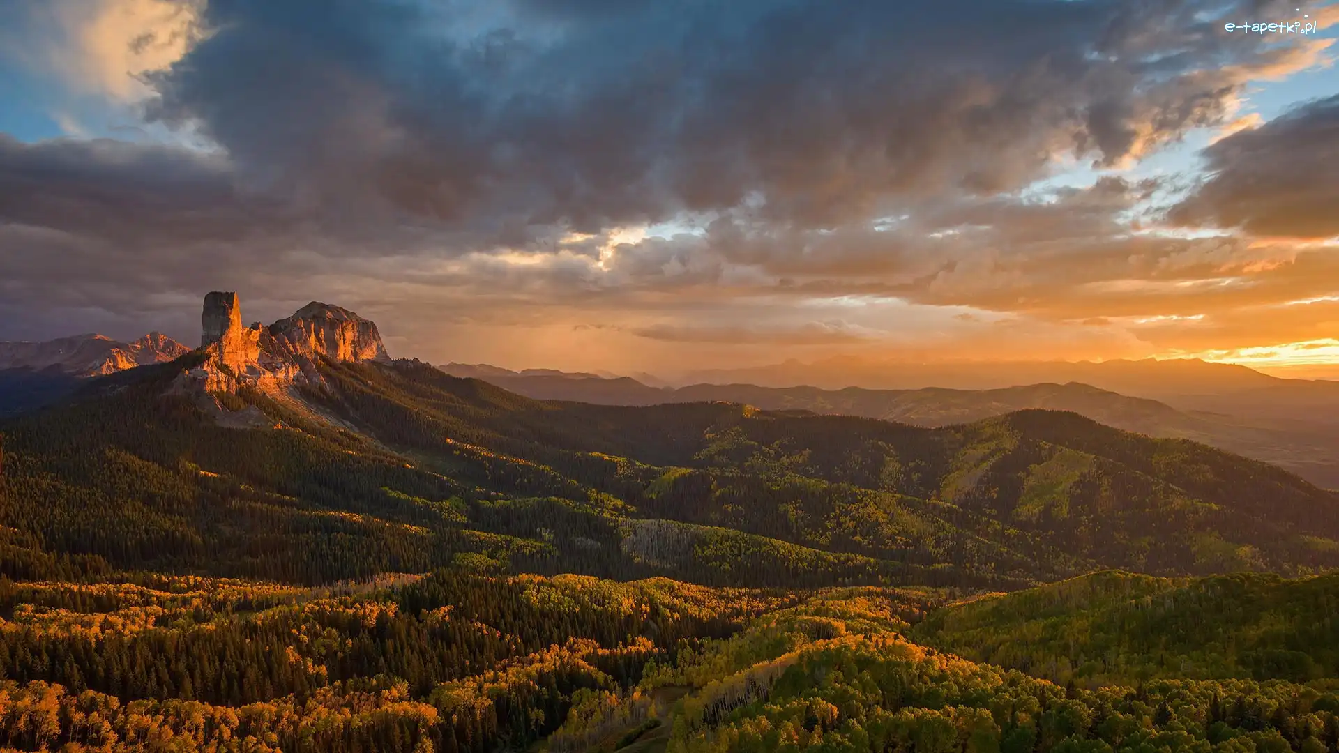 Skały, Góry, Hrabstwo Ouray, Stan Kolorado, Stany Zjednoczone, Zachód słońca, Drzewa, Przełęcz Owl Creek Pass, Lasy