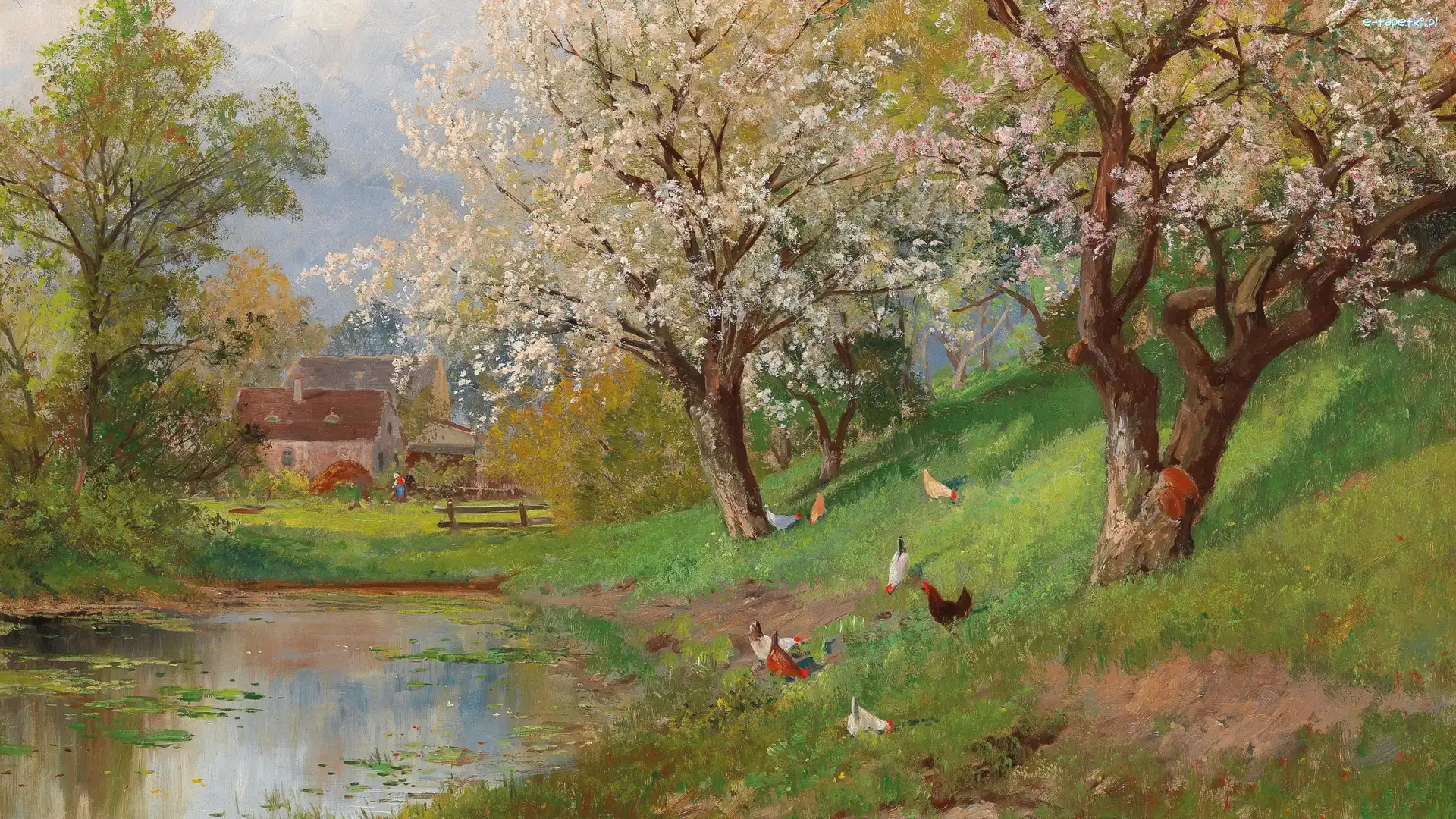 Wiosna, Alois Arnegger, Staw, Drzewa, Wieś, Kury, Zabudowania, Reprodukcja obrazu