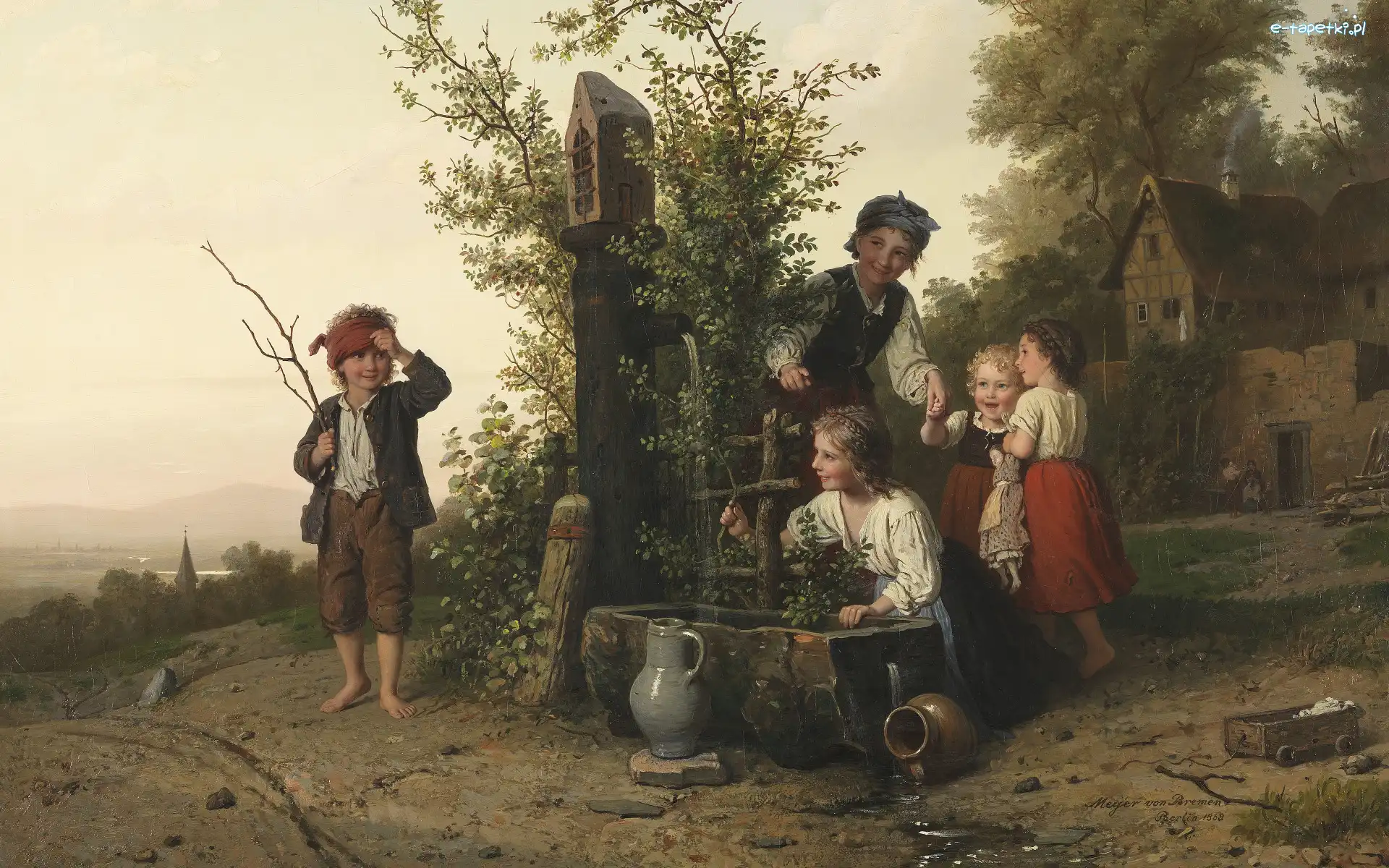 Wieś, Malarstwo, Dzbany, Studnia, Johann Georg Meyer, Dzieci, Zabawa, Obraz
