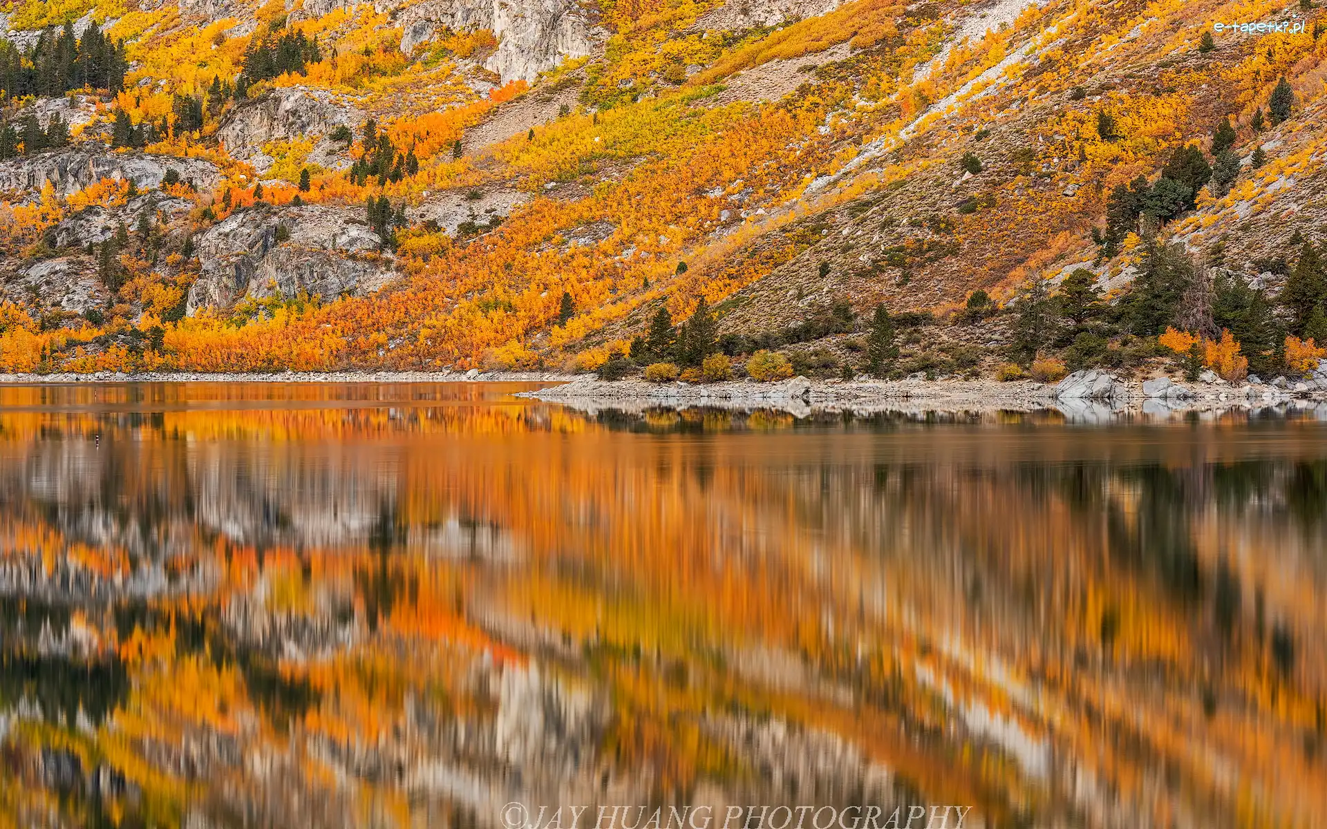 Jesień, Lake Sabrina, Stany Zjednoczone, Stan Kalifornia, Góra, Lasy, Bishop, Jezioro