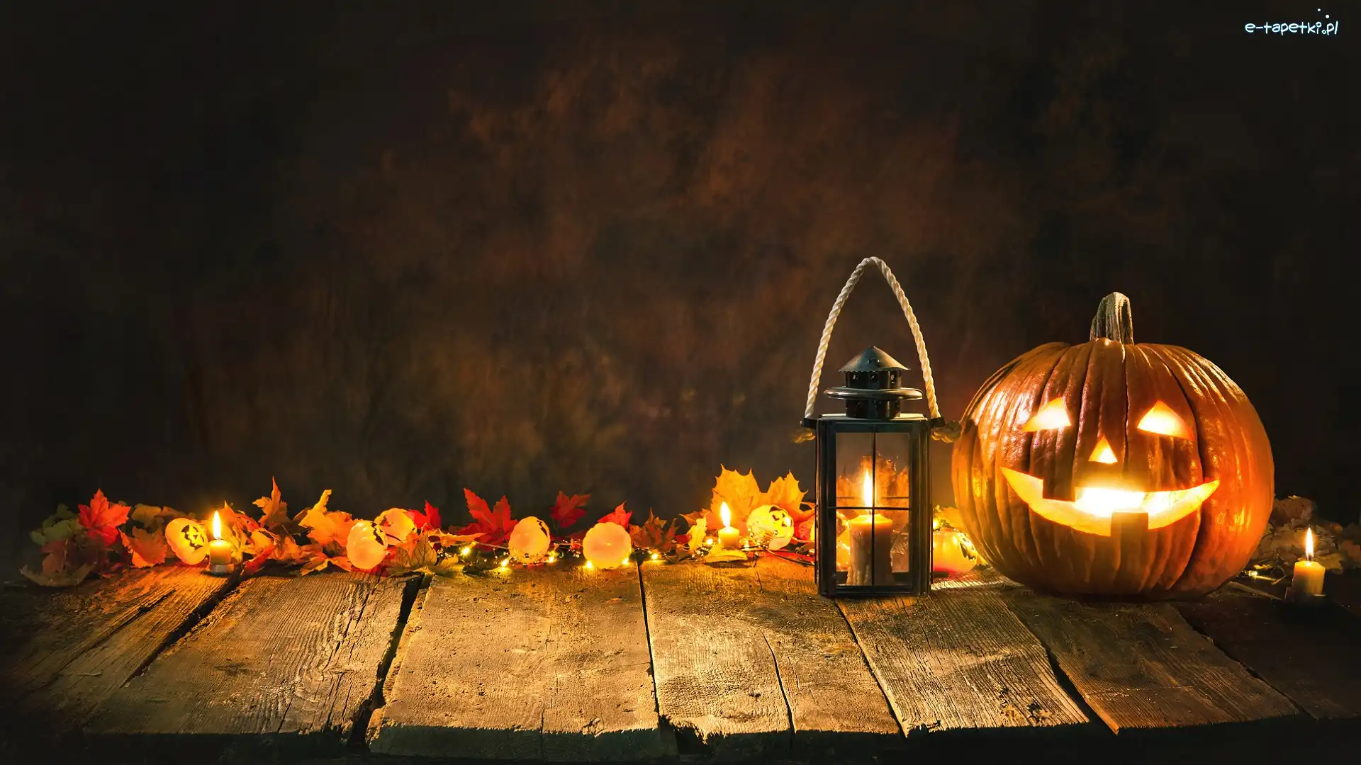 Deski, Dynia, Lampion, Świecąca, Halloween, Liście, Świeczki