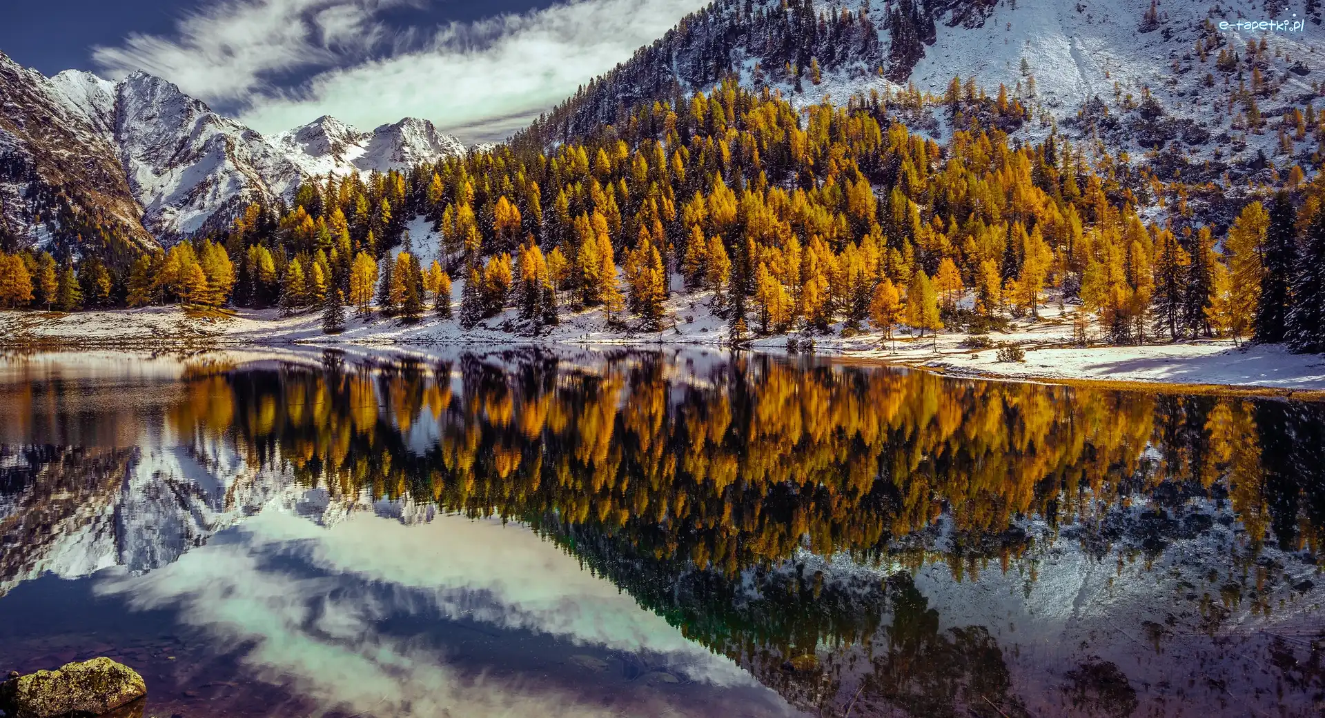 Góry Alpy, Styria, Odbicie, Drzewa, Ośnieżone, Jezioro Duisitzkarsee, Las, Austria