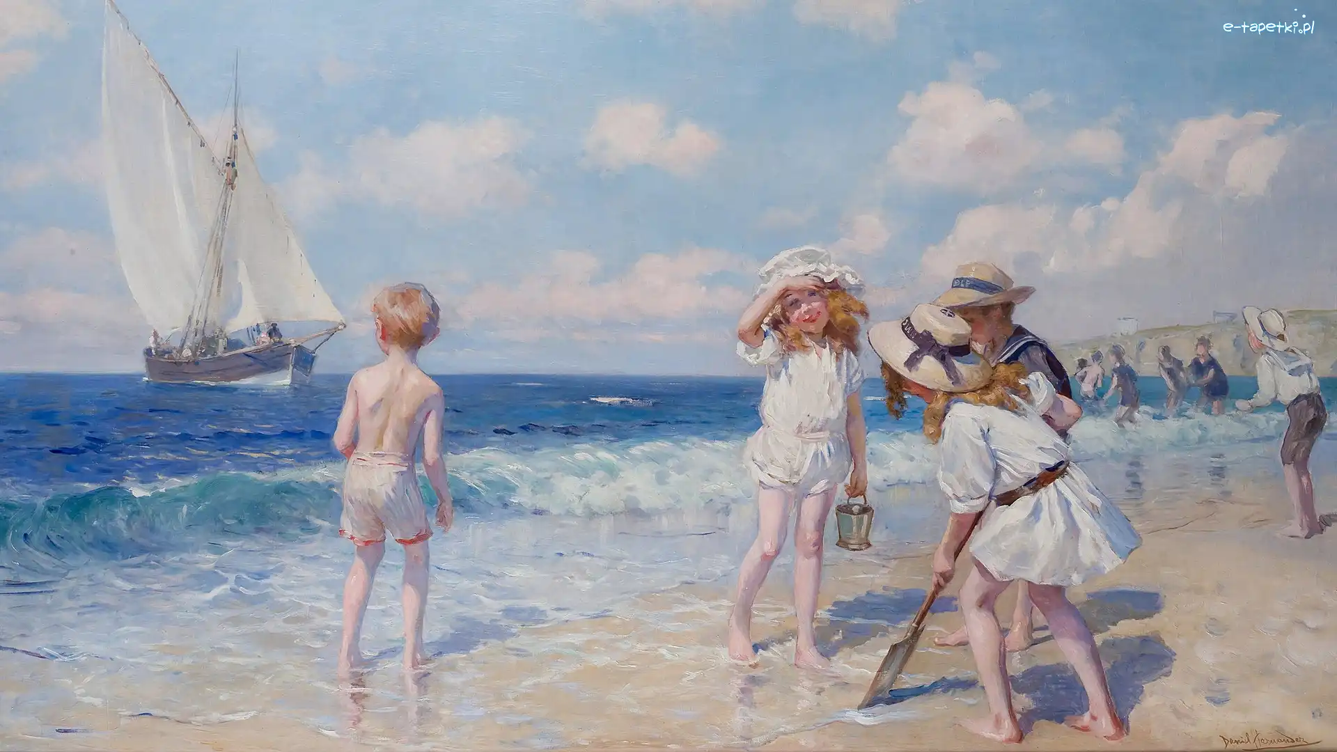 Zabawa, Daniel Hernandez Morillo, Żaglówka, Obraz, Malarstwo, Plaża, Dzieci