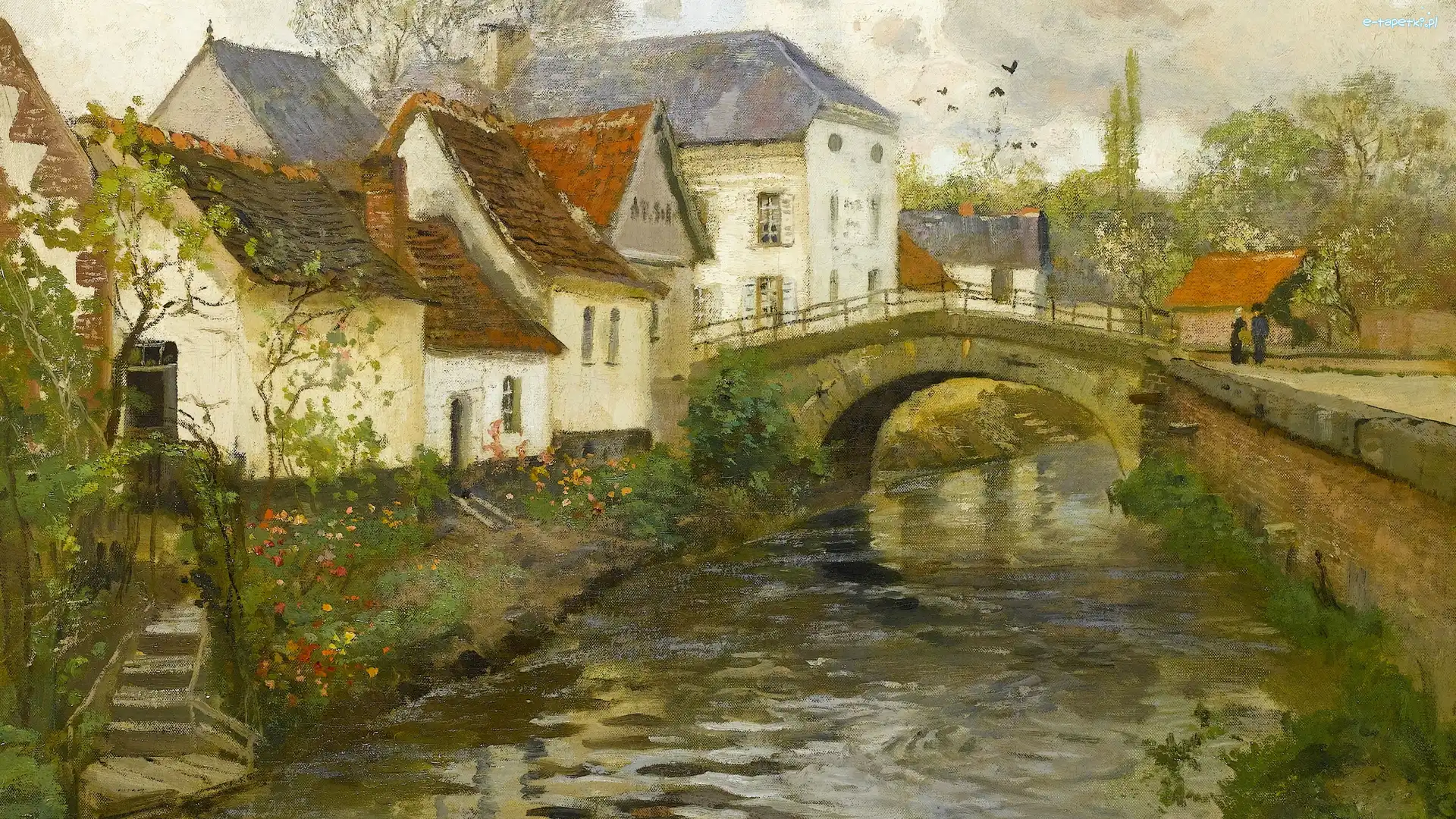 Belgia, La Panne, Fritz Thaulow, Obraz, Malarstwo, Most, Rzeka, Miasteczko, Domy
