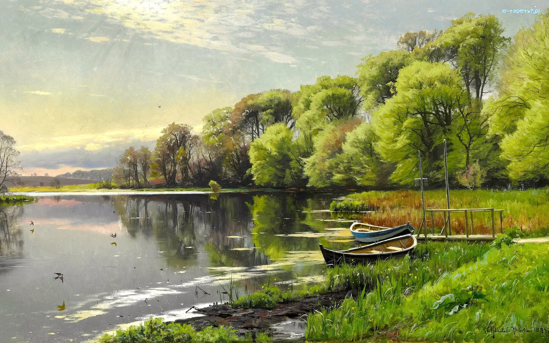 Szuwary, Zarośla, Peder Mork Monsted, Malarstwo, Obraz, Pomost, Łódki, Rzeka, Drzewa
