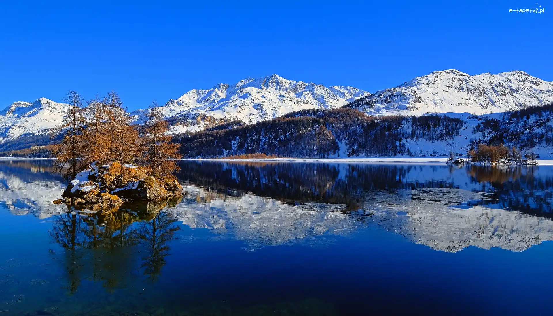 Odbicie, Zima, Góry, Szwajcaria, Jezioro Bergsee, Drzewa, Wyspa