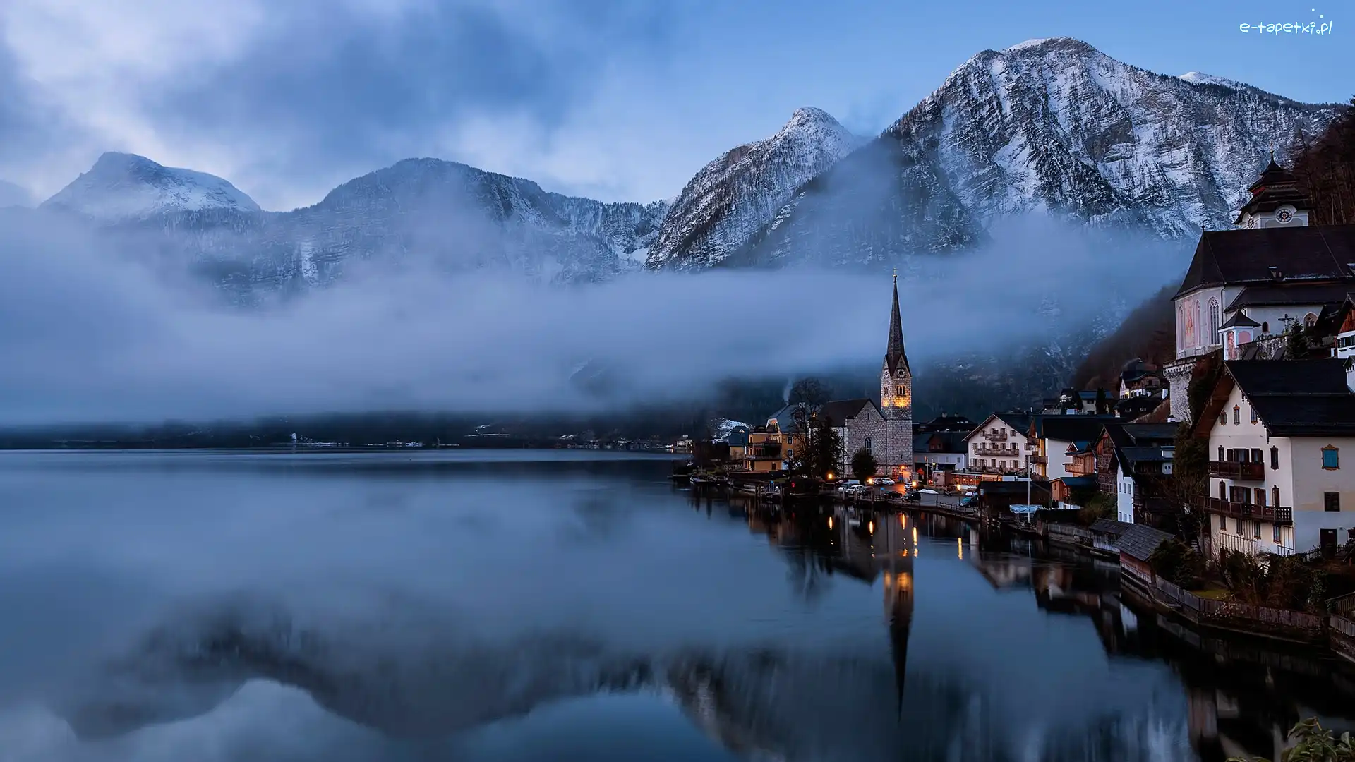 Mgła, Góry, Alpy Salzburskie, Hallstatt, Austria, Domy, Jezioro Hallstattersee