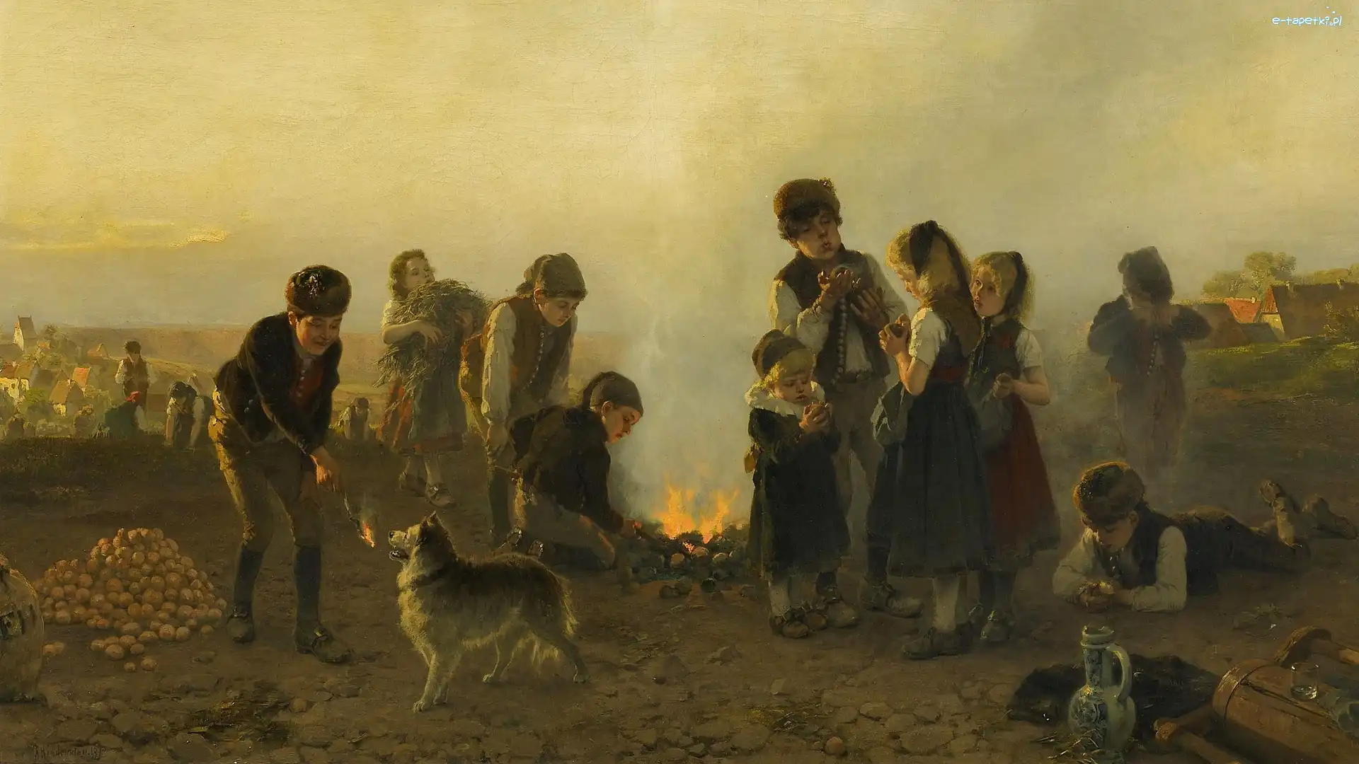 Chłopcy, Dziewczynki, Friedrich Hiddemann, Obraz, Malarstwo, Ziemniaki, Ognisko, Dzieci, Pole