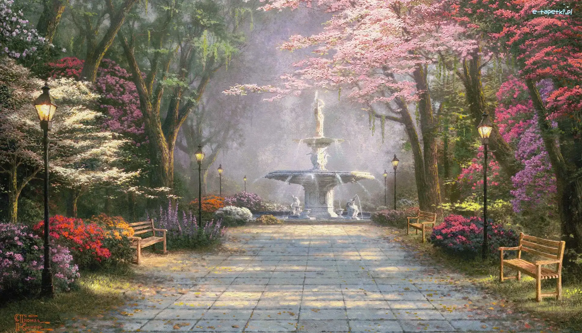 Fontanna Forsyth, Georgia, Malarstwo, Park Forsyth, Thomas Kinkade, Stany Zjednoczone, Savannah, Drzewa, Obraz, Alejka, Azalie, Ławki, Latarnie