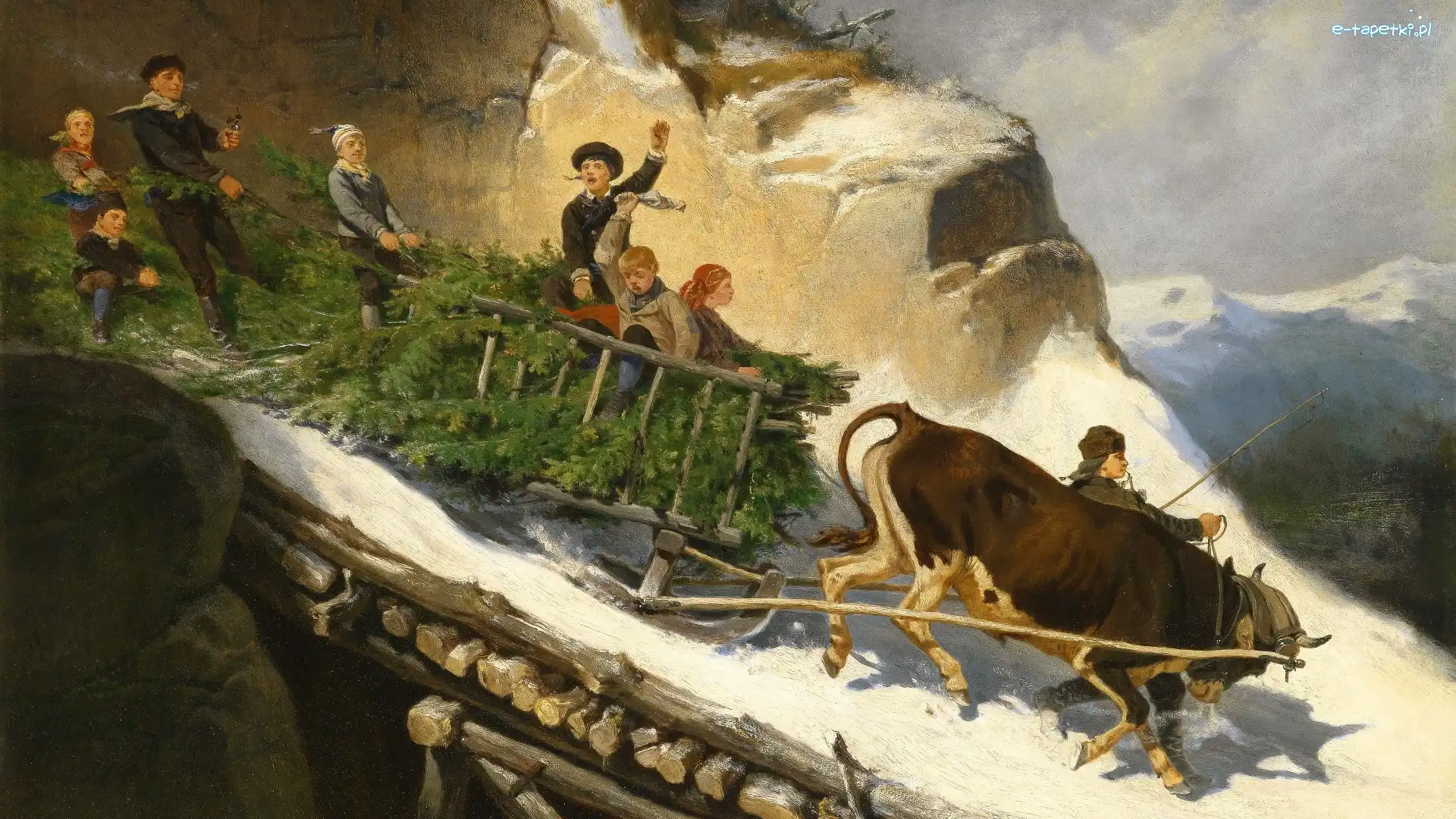 Choinka, Góry, Wół, Śnieg, Josef Anton Strassgschwandtner, Mężczyzna, Sanie, Obraz, Dzieci, Zima, Malarstwo