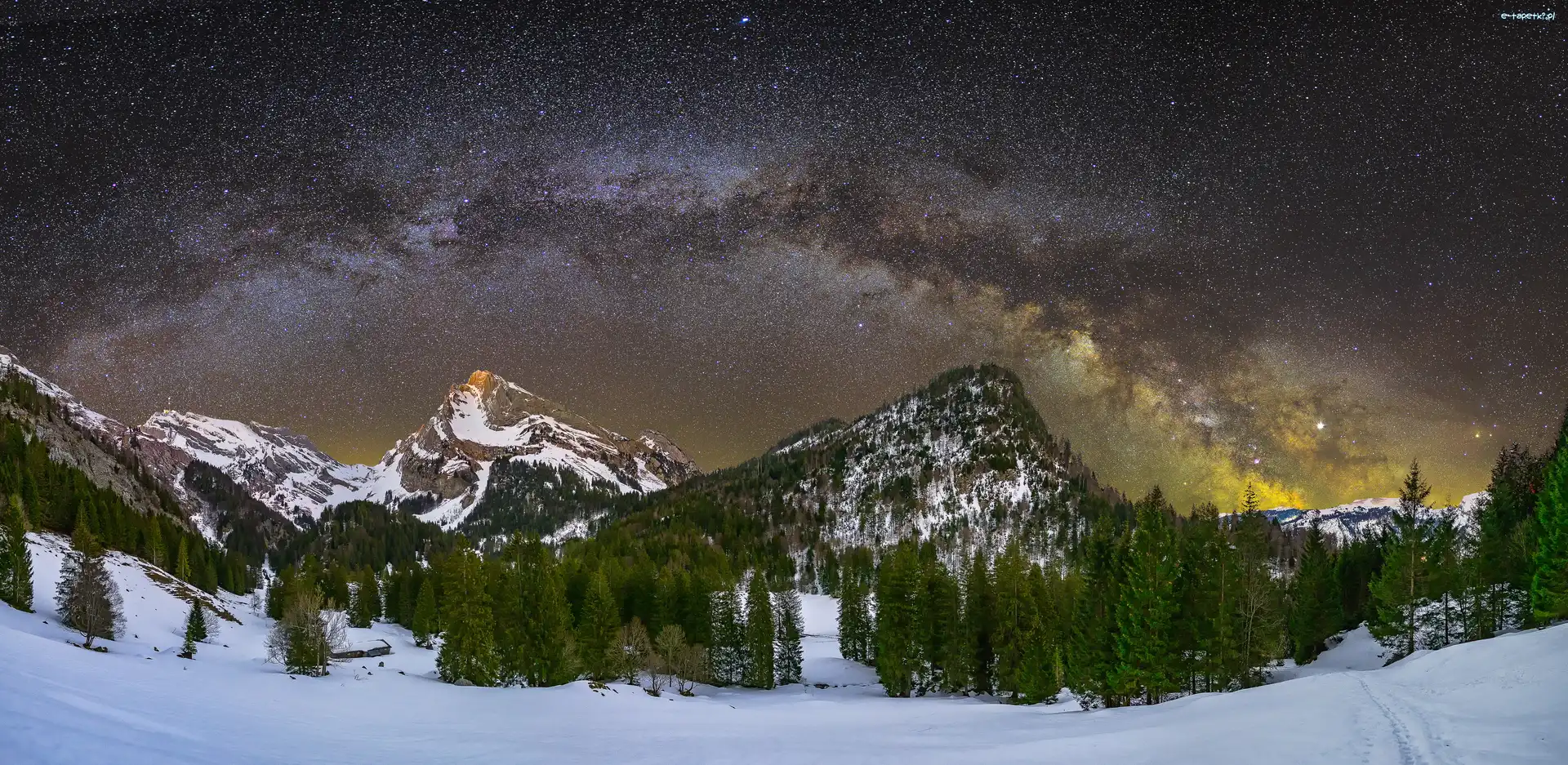 Las, Zima, Gwiazdy, Appenzeller Alpen, Szwajcaria, Alpy Zachodnie, Drzewa, Kanton Sankt Gallen, Szczyt Santis, Góry, Droga Mleczna