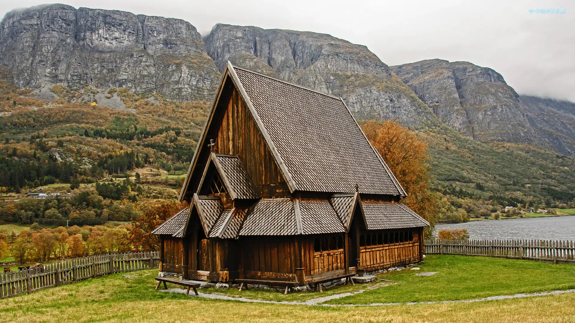 Norwegia Góry, Drewniany, Kościół klepkowy, Ogrodzenie, Góry, Gmina Vang, Oye