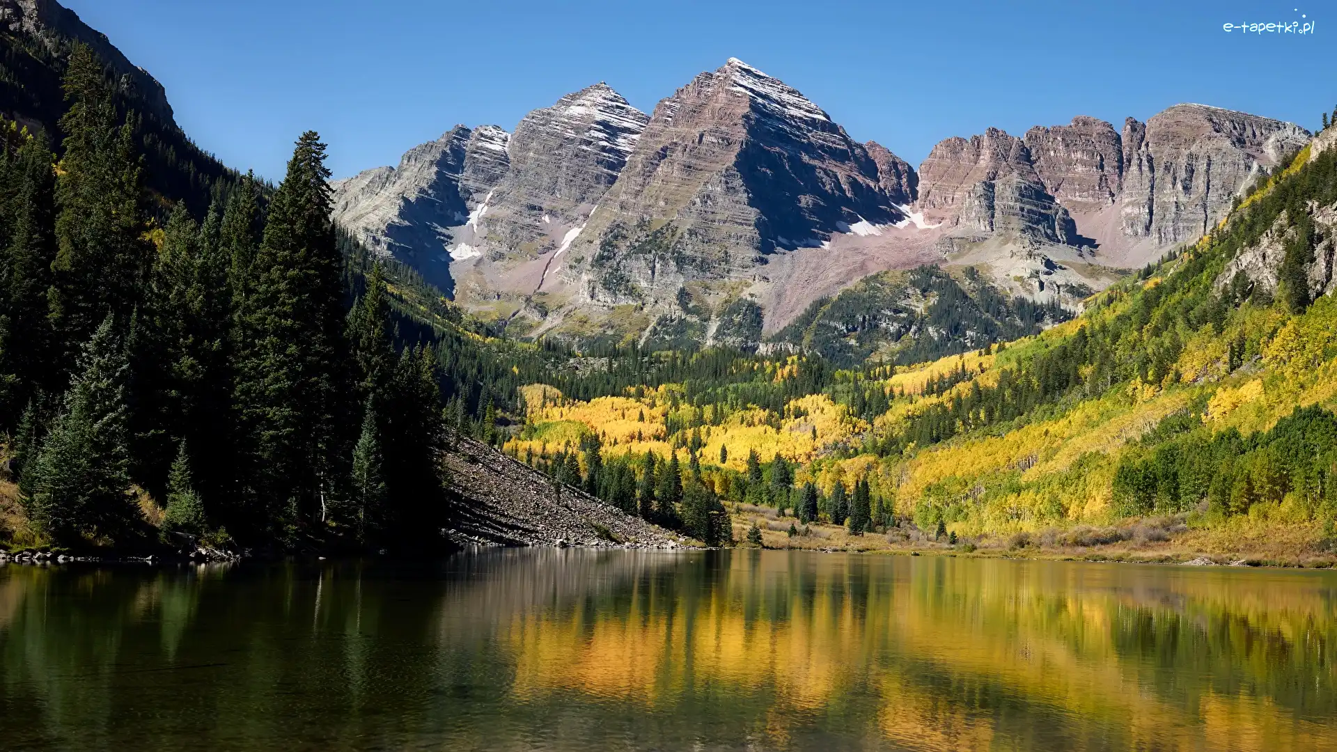 Szczyty Maroon Bells, Góry Skaliste, Stany Zjednoczone, Kolorado, Góry Skaliste, Drzewa, Drzewa, Jezioro Maroon Lake
