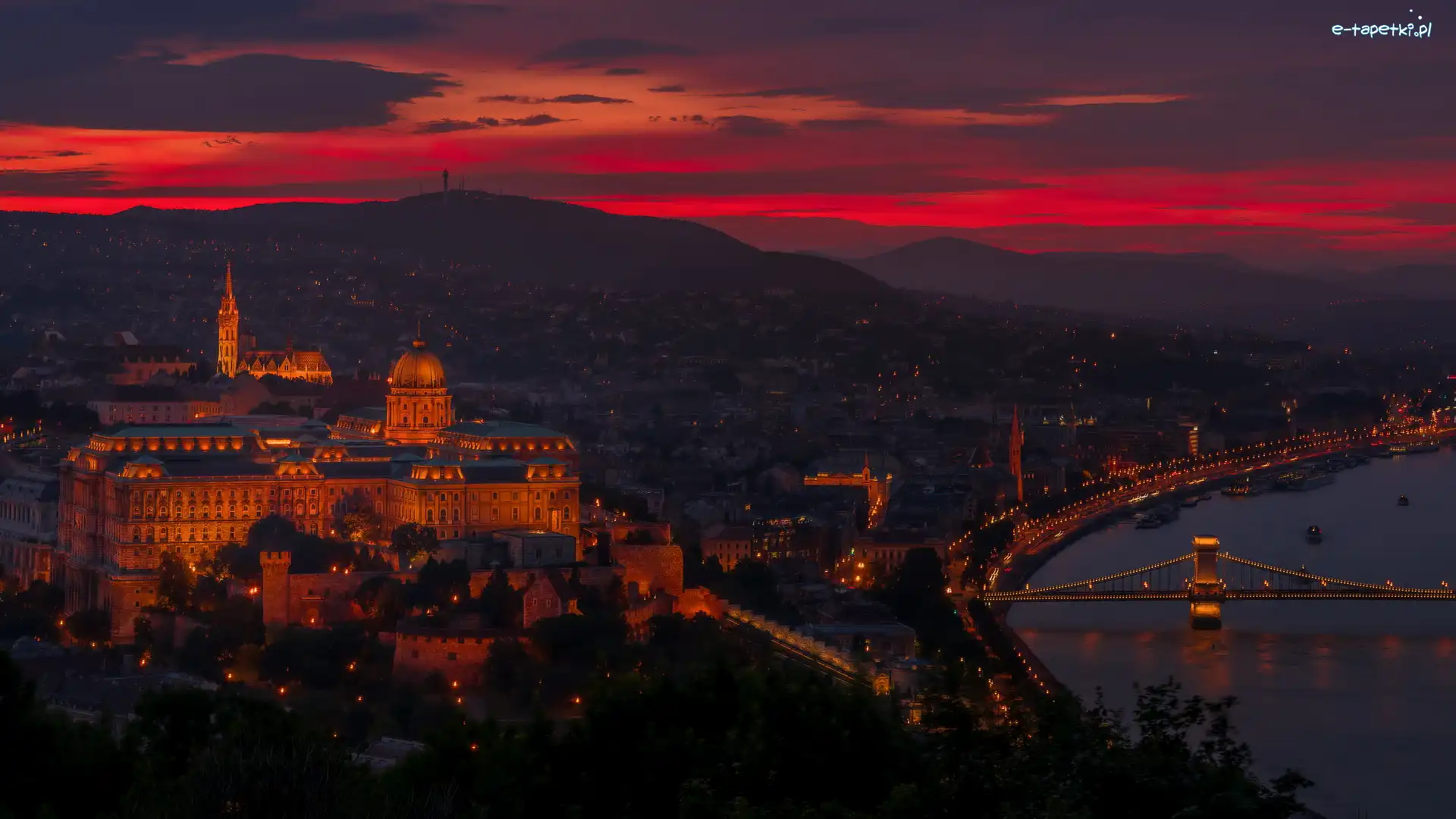 Budapeszt, Rzeka Dunaj, Most, Węgry, Zamek Królewski, Zachód słońca