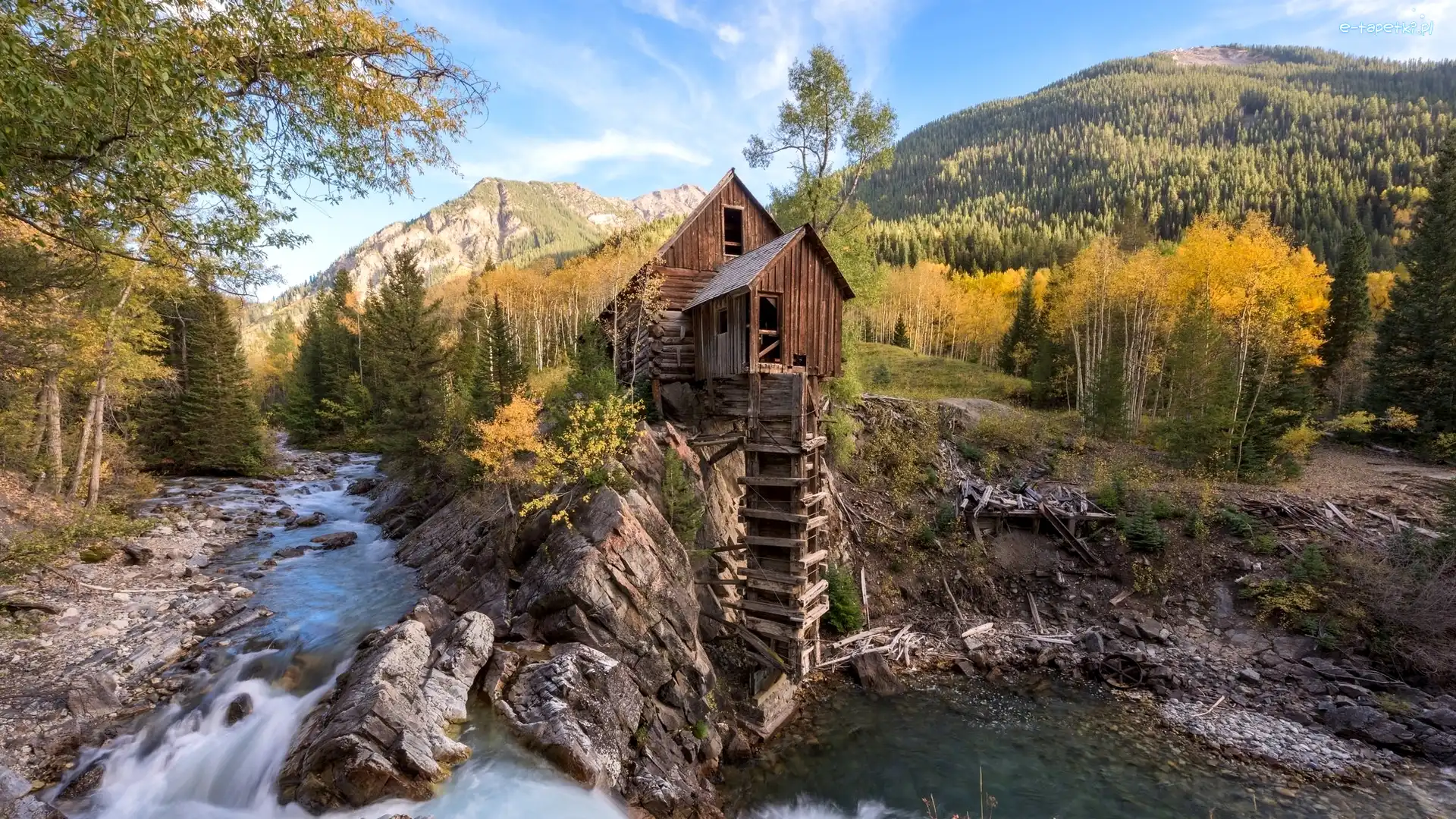 Stany Zjednoczone, Rzeka Crystal River, Skały, Młyn Crystal Mill, Jesień, Kolorado, Drzewa