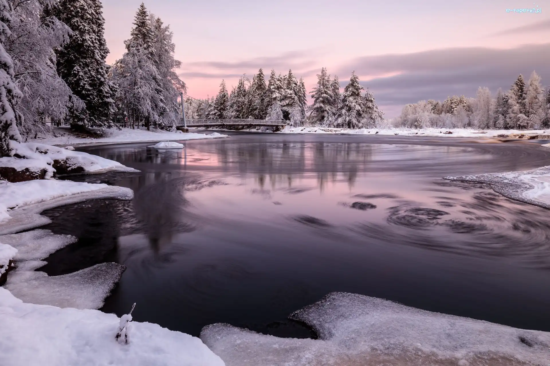 Finlandia, Drzewa, Most, Ośnieżone, Zima, Oulu, Rzeka Oulujoki
