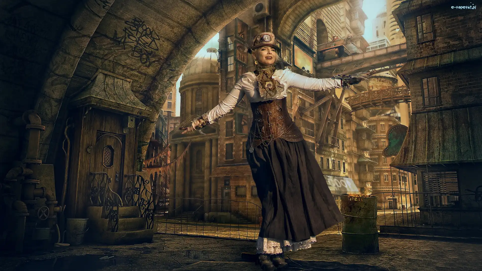 Ulica, Steampunk, Domy, Kobieta