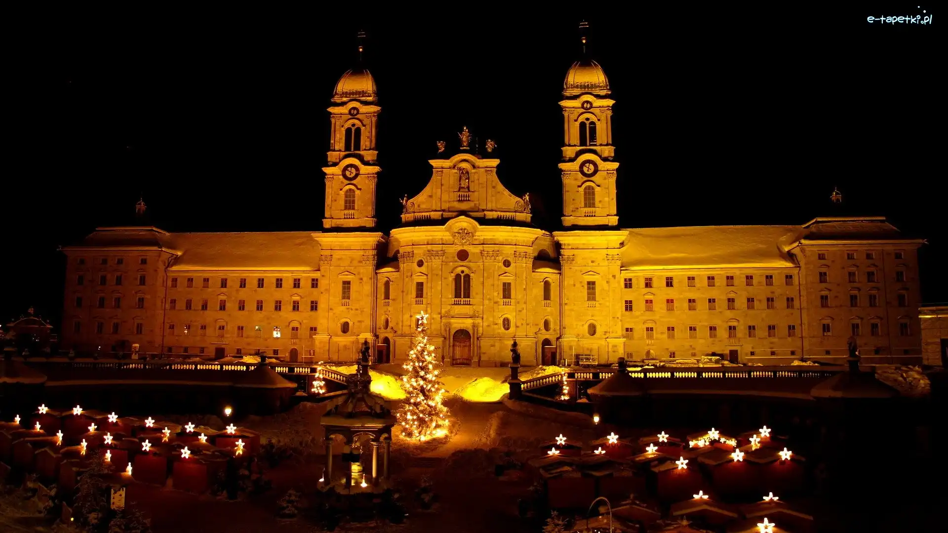 Choinka, Boże Narodzenie, Klasztor, Oświetlony, Opactwo, Szwajcaria, Kanton Schwyz, Noc, Einsiedeln