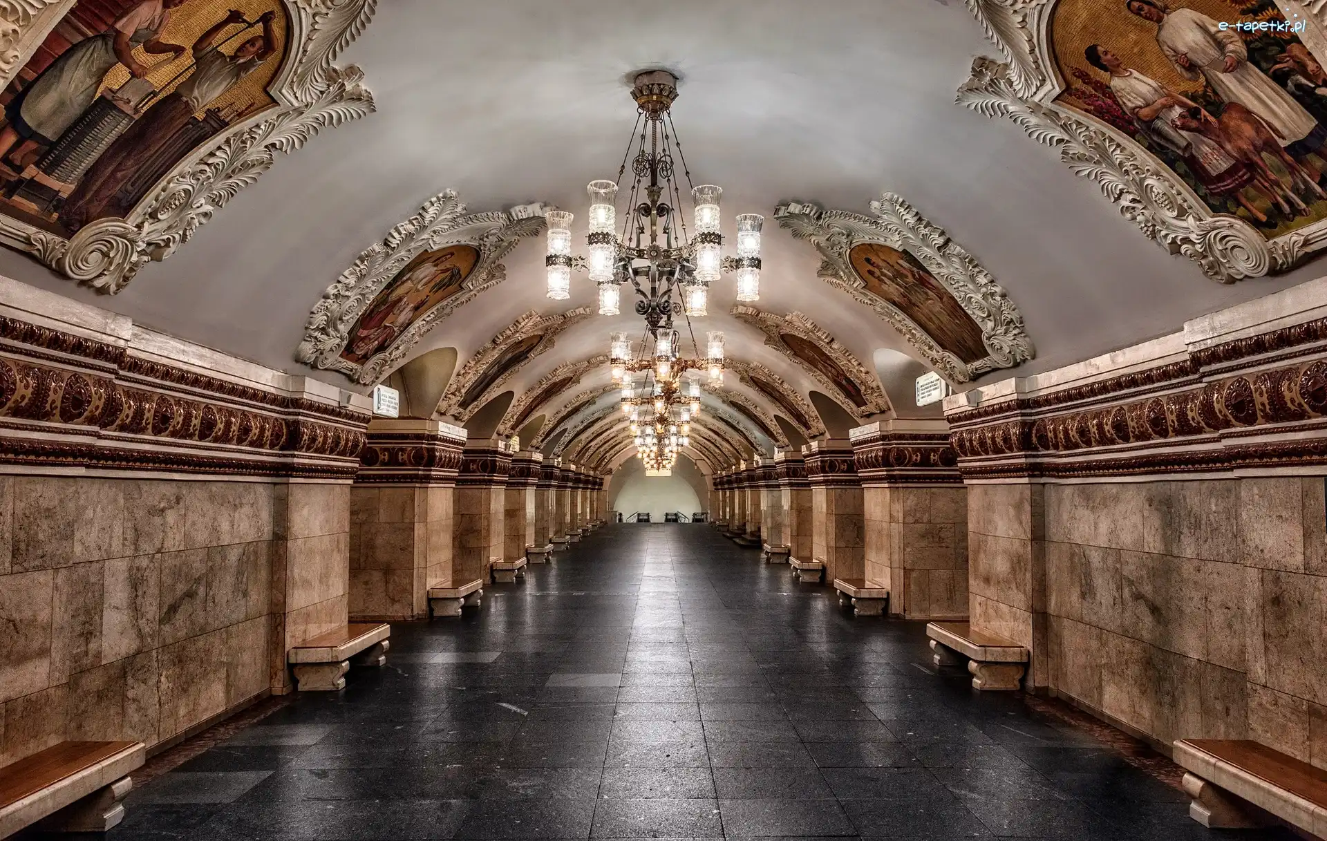 Wnętrze, Metro, Korytarz, Ławki, Lampy