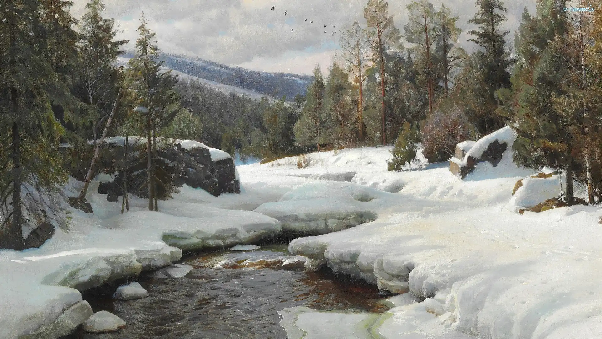 Góry, Peder Mork Monsted, Zima, Obraz, Malarstwo, Drzewa, Rzeka