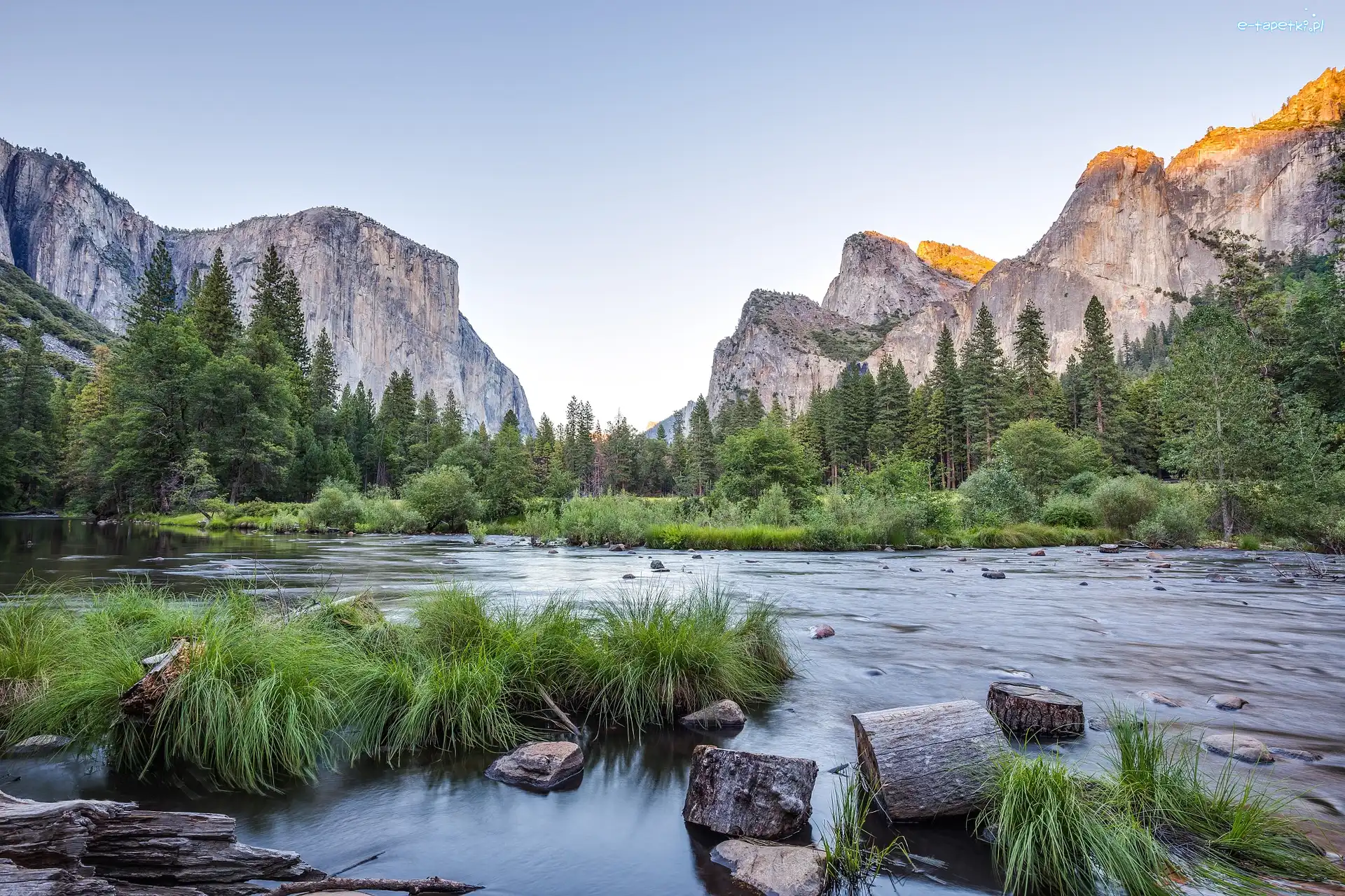 Rzeka Merced, Drzewa, Stany Zjednoczone, Kalifornia, Trawa, Kamienie, Park Narodowy Yosemite, Góry Sierra Nevada