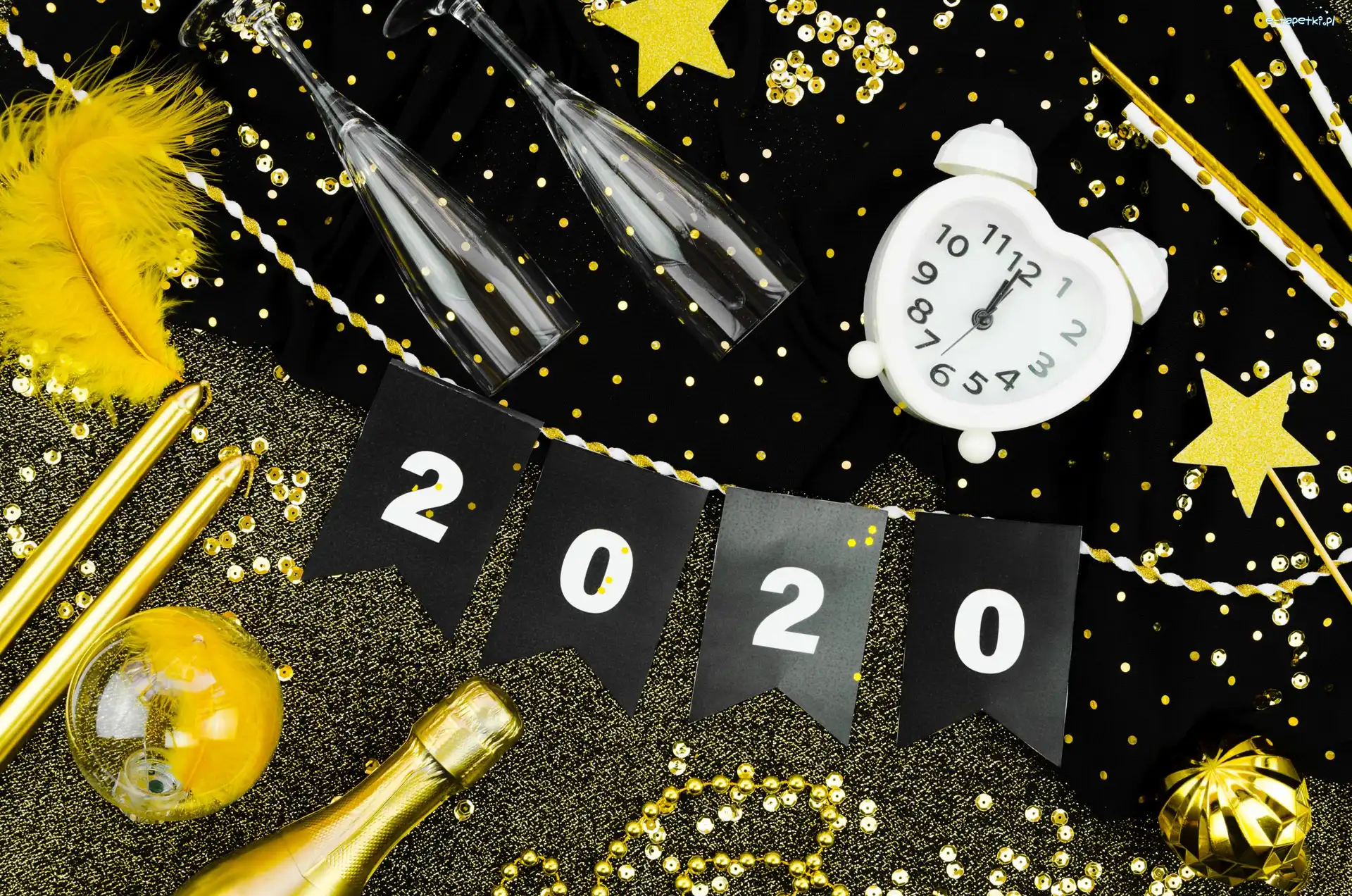 Gwiazdki, Kieliszki, Cyfry, Bombki, Budzik, Świece, Łańcuchy, 2020, Piórka, Szampan, Sylwester