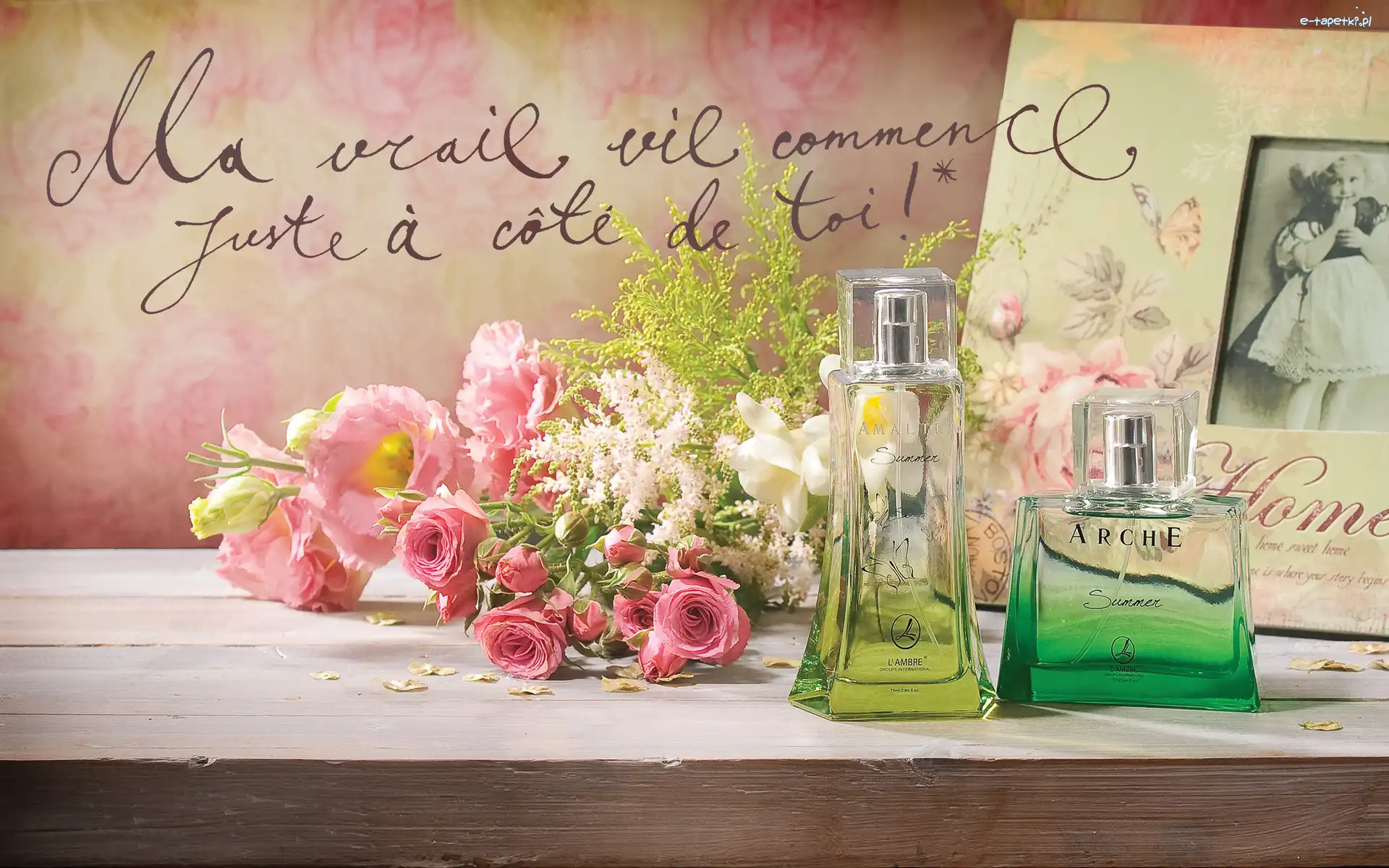 Vintage, Eustoma, Perfumy, Róże, Kwiaty, Zdjęcie, Butelki