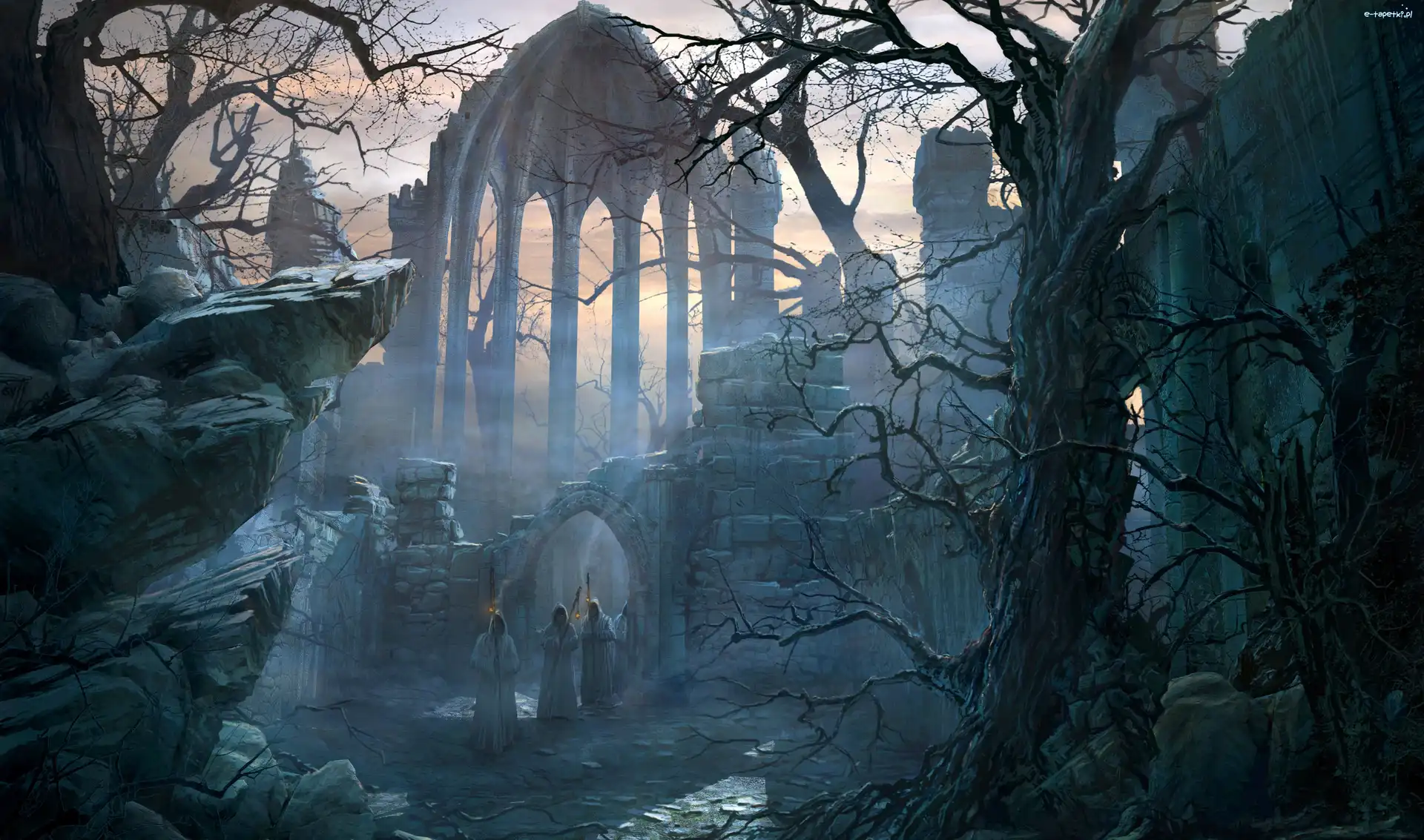 Fantasy, Mnisi, Drzewa, Świątynia, Ruiny, Grafika, Skały