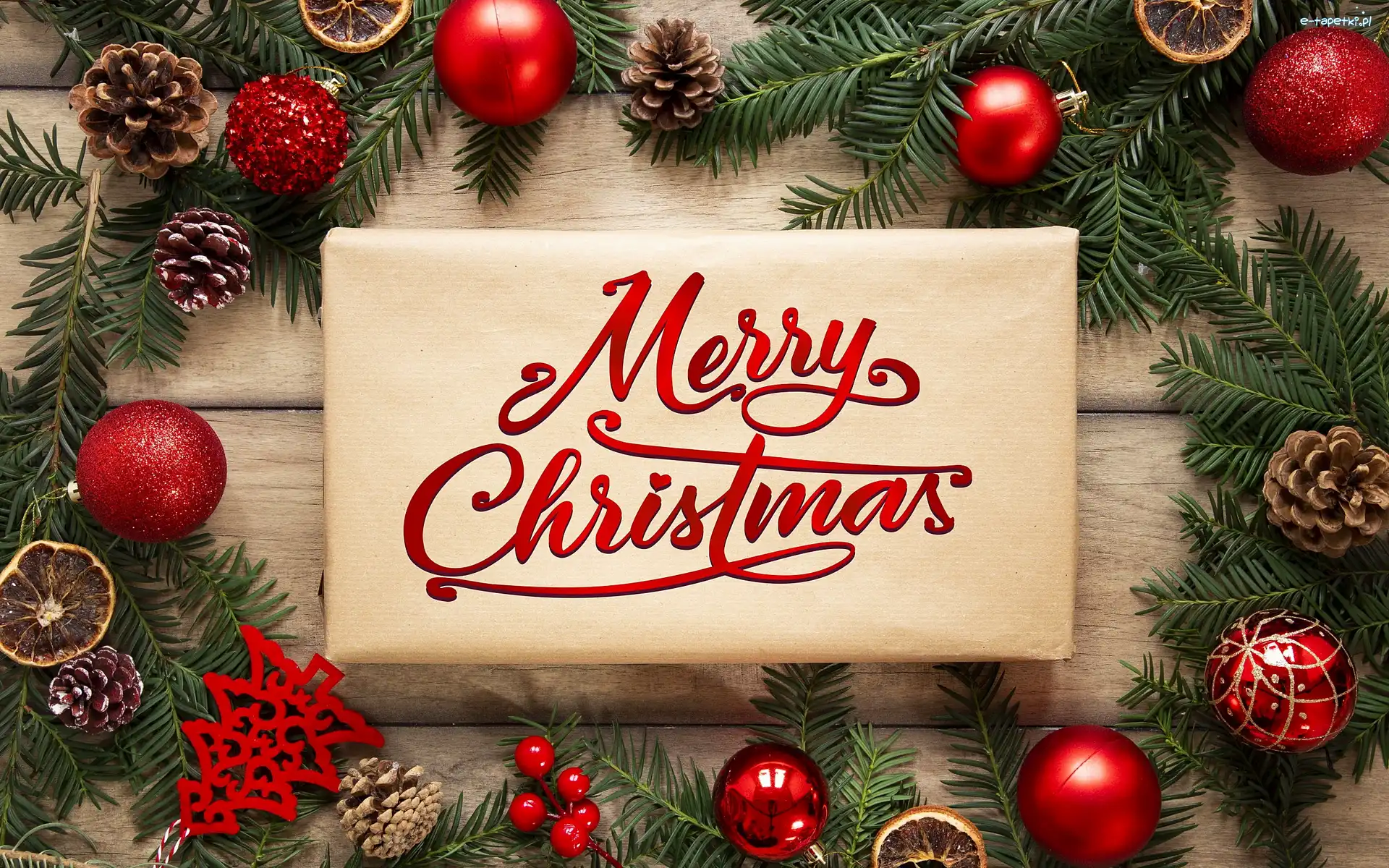 Szyszki, Bombki, Boże Narodzenie, Kompozycja, Świąteczna, Merry Christmas, Napis, Gałązki, Prezent
