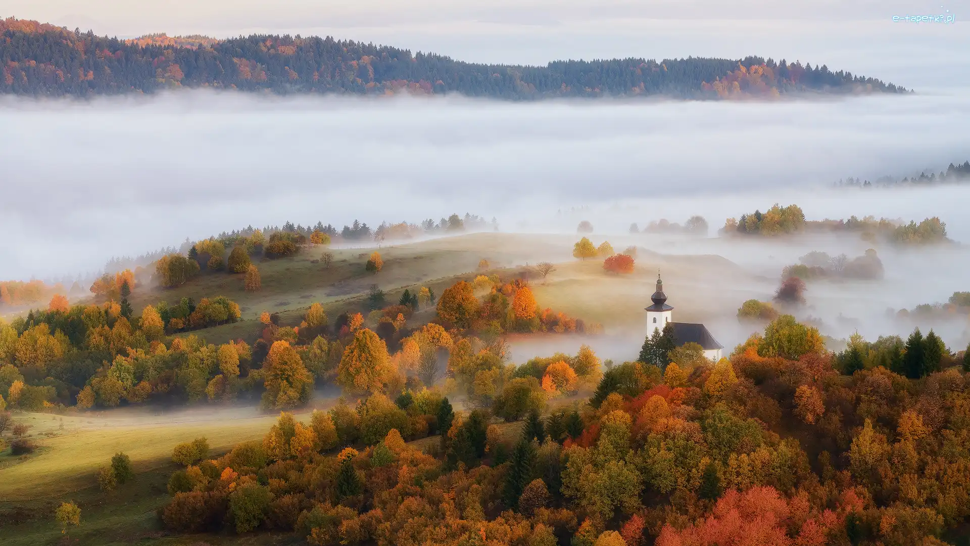 Kościół, Mgła, Las, Góry Kremnickie, Słowacja, Jesień, Drzewa