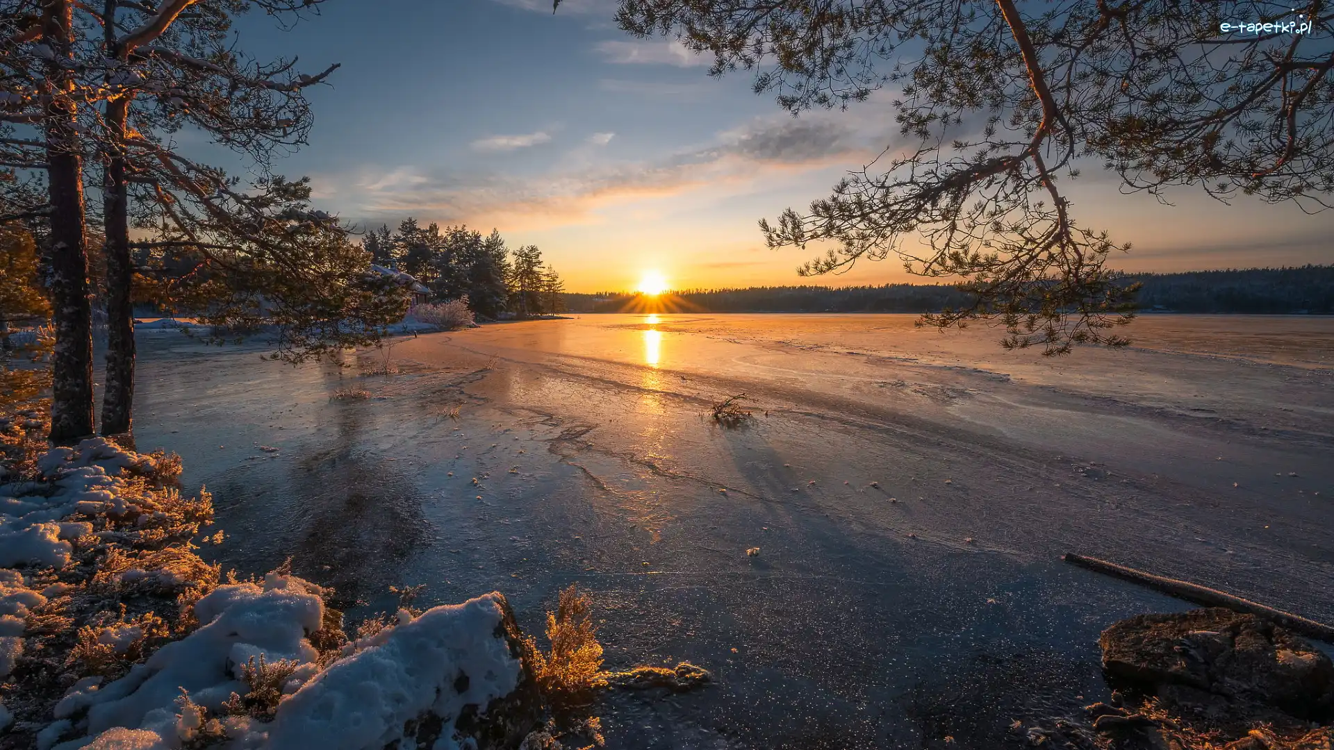 Ringerike, Zachód słońca, Zima, Norwegia, Drzewa, Jezioro