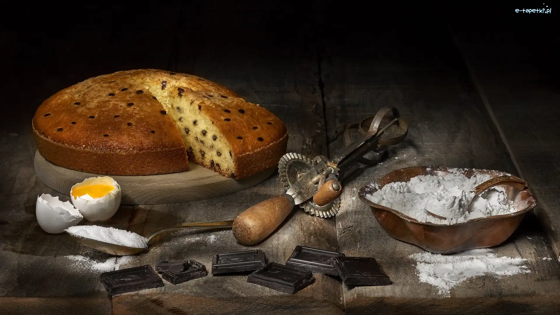 Jajka, Babka, Kompozycja, Deski, Mąka, Czekolada, Łyżka, Ciasto