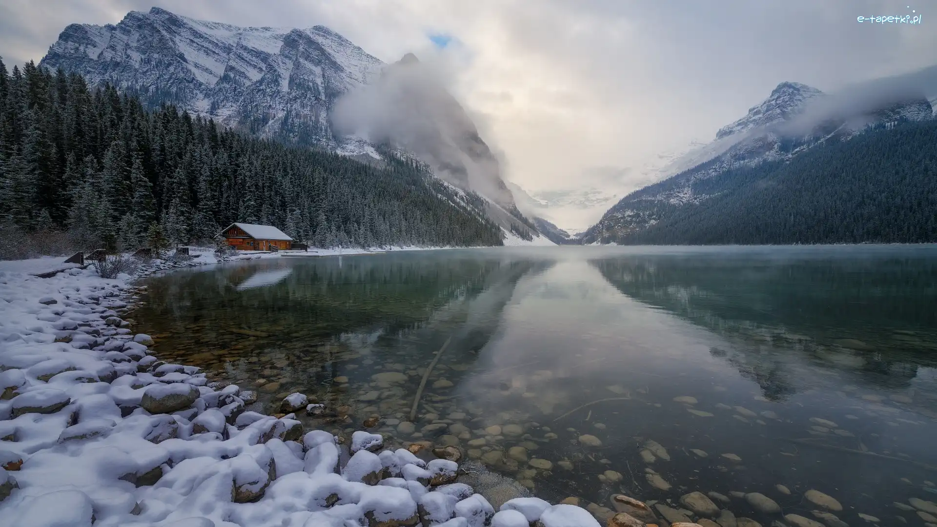 Las, Jezioro Lake Louise, Kanada, Domek, Góry, Zima, Kamienie, Park Narodowy Banff