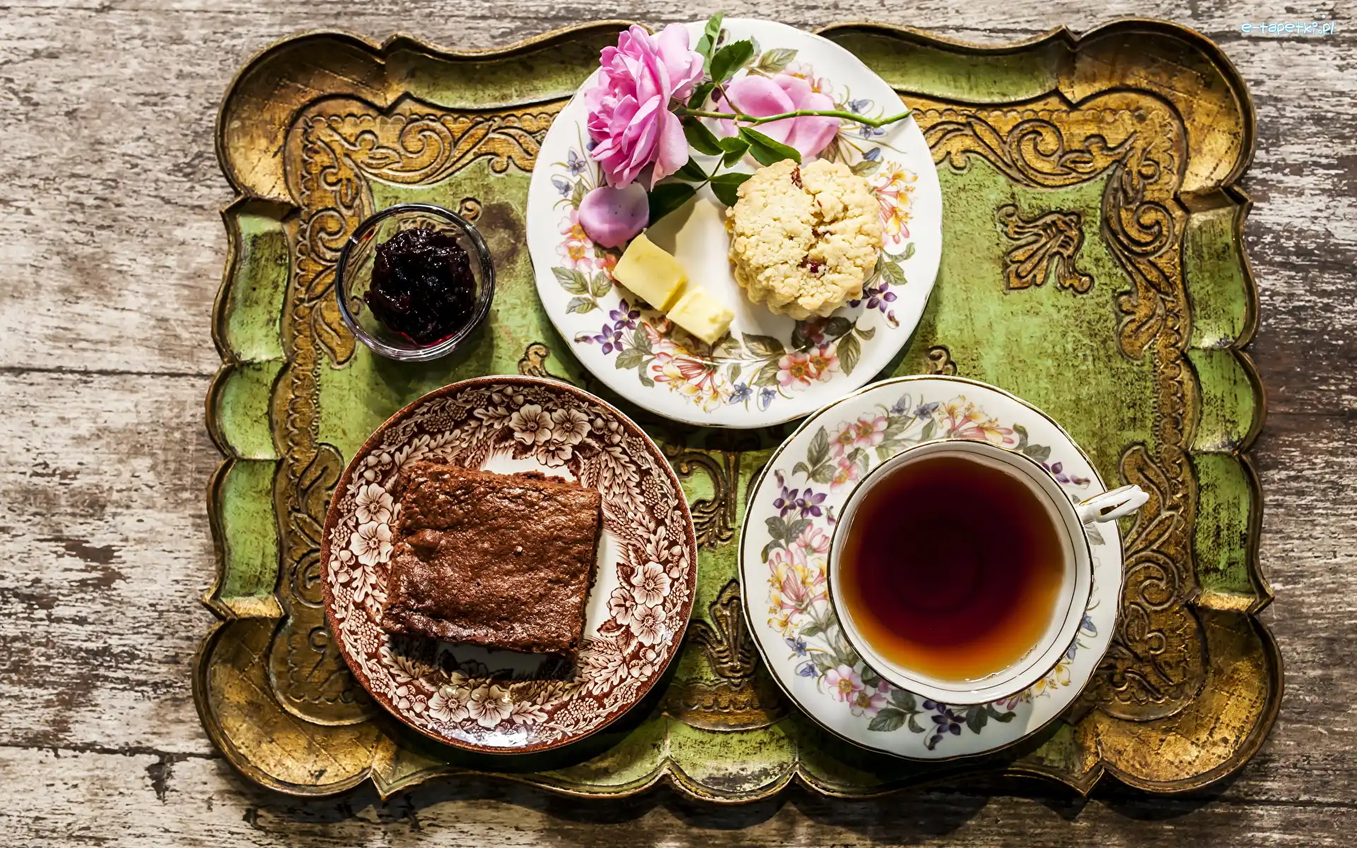 Jedzenie, Filiżanka, Ciasto, Róża, Herbata, Taca, Spodki, Ciasteczka, Porcelana