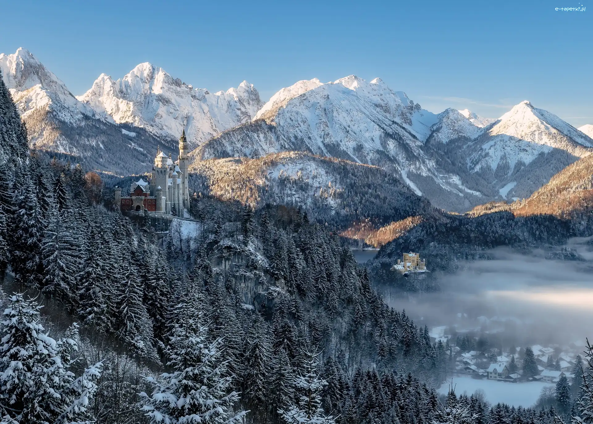 Niemcy, Zamek Neuschwanstein, Lasy, Alpy, Góry, Bawaria, Zima