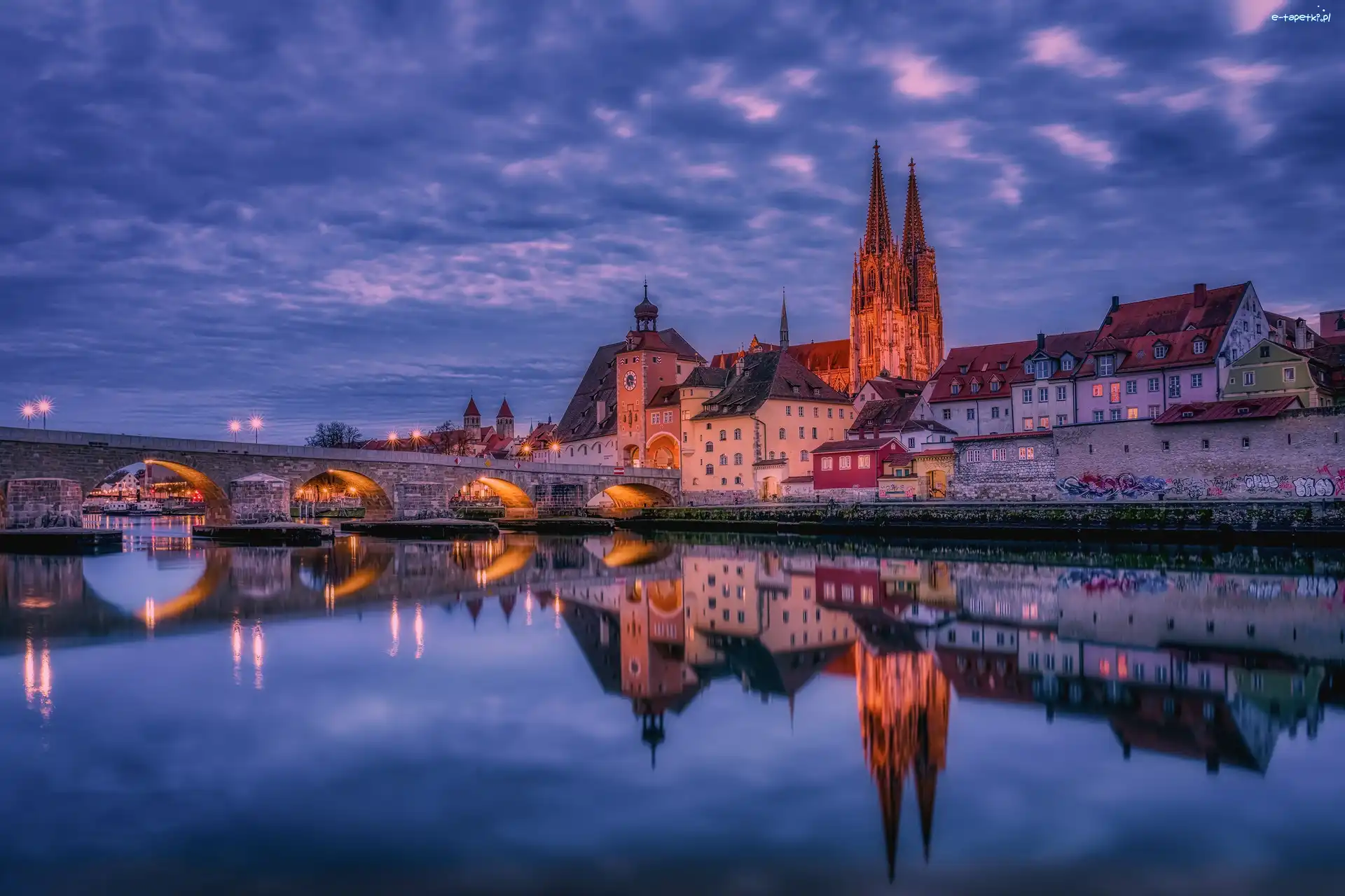 Katedra Św. Piotra, Miasto Ratyzbona, Niemcy, Bawaria, Rzeka Dunaj, Most, Kościół, Regensburg