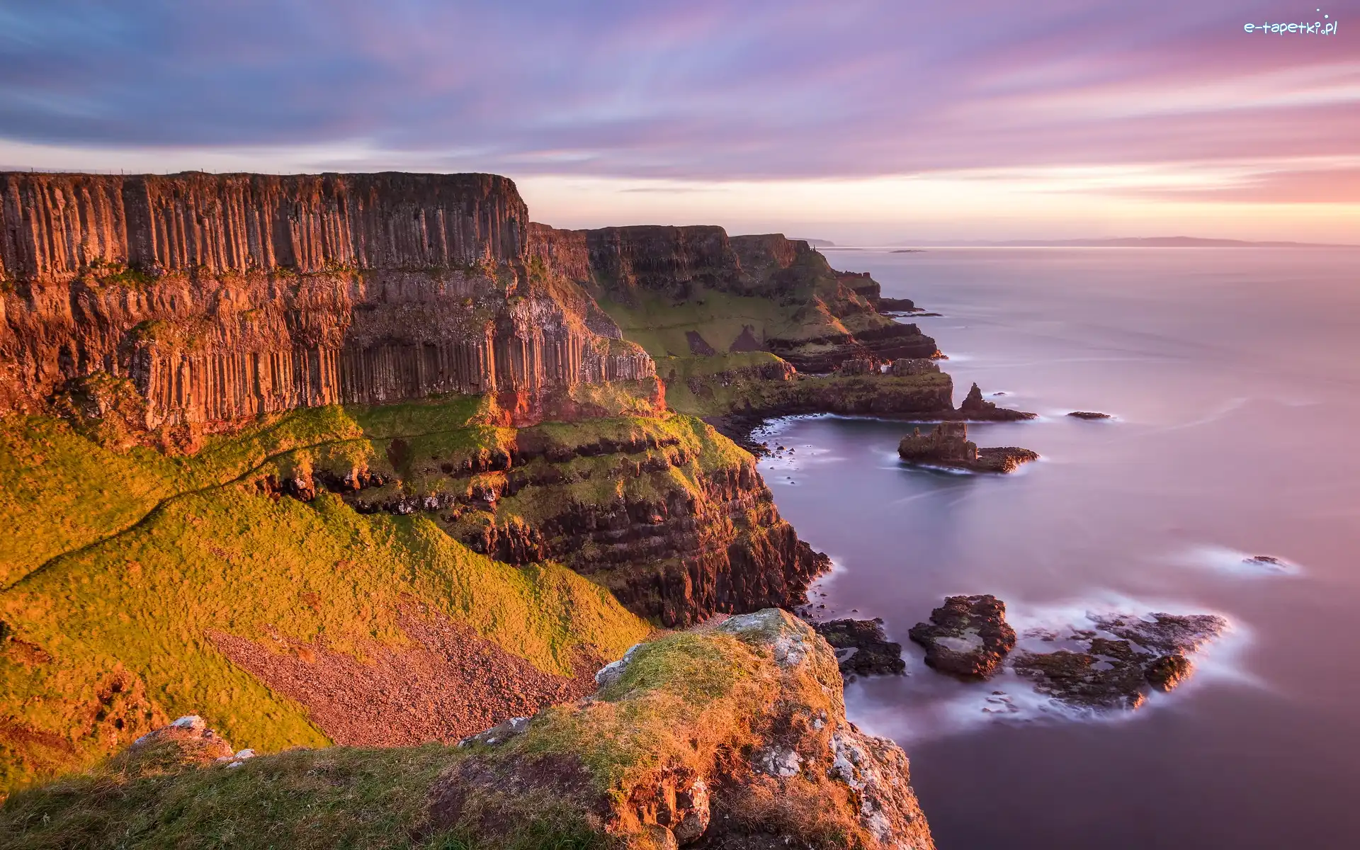 Formacja, Morze, Irlandia, Antrim, Skały, Grobla Olbrzyma, Giants Causeway, Wschód słońca