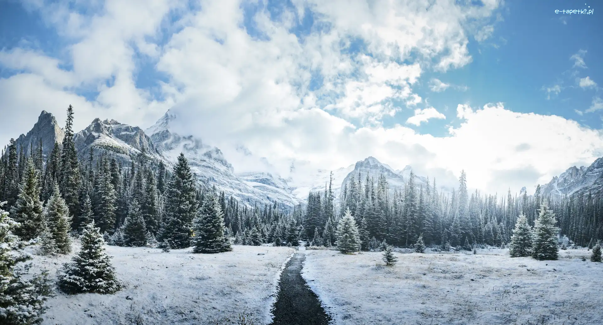Chmury, Droga, Canadian Rockies, Góry, Zima, Kanada, Kolumbia Brytyjska, Drzewa, Park Narodowy Yoho