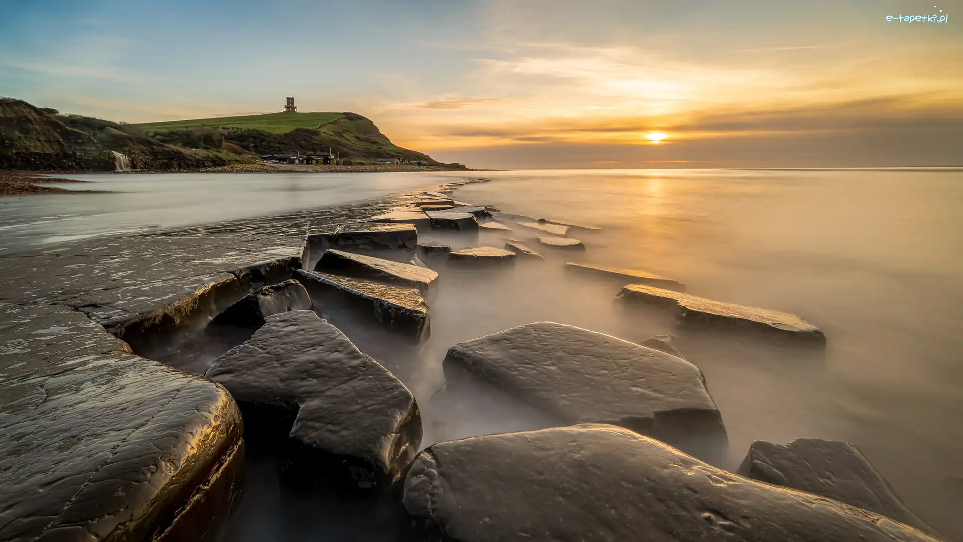 Dorset, Skały, Zatoka Kimmeridge, Anglia, Morze, Zachód słońca