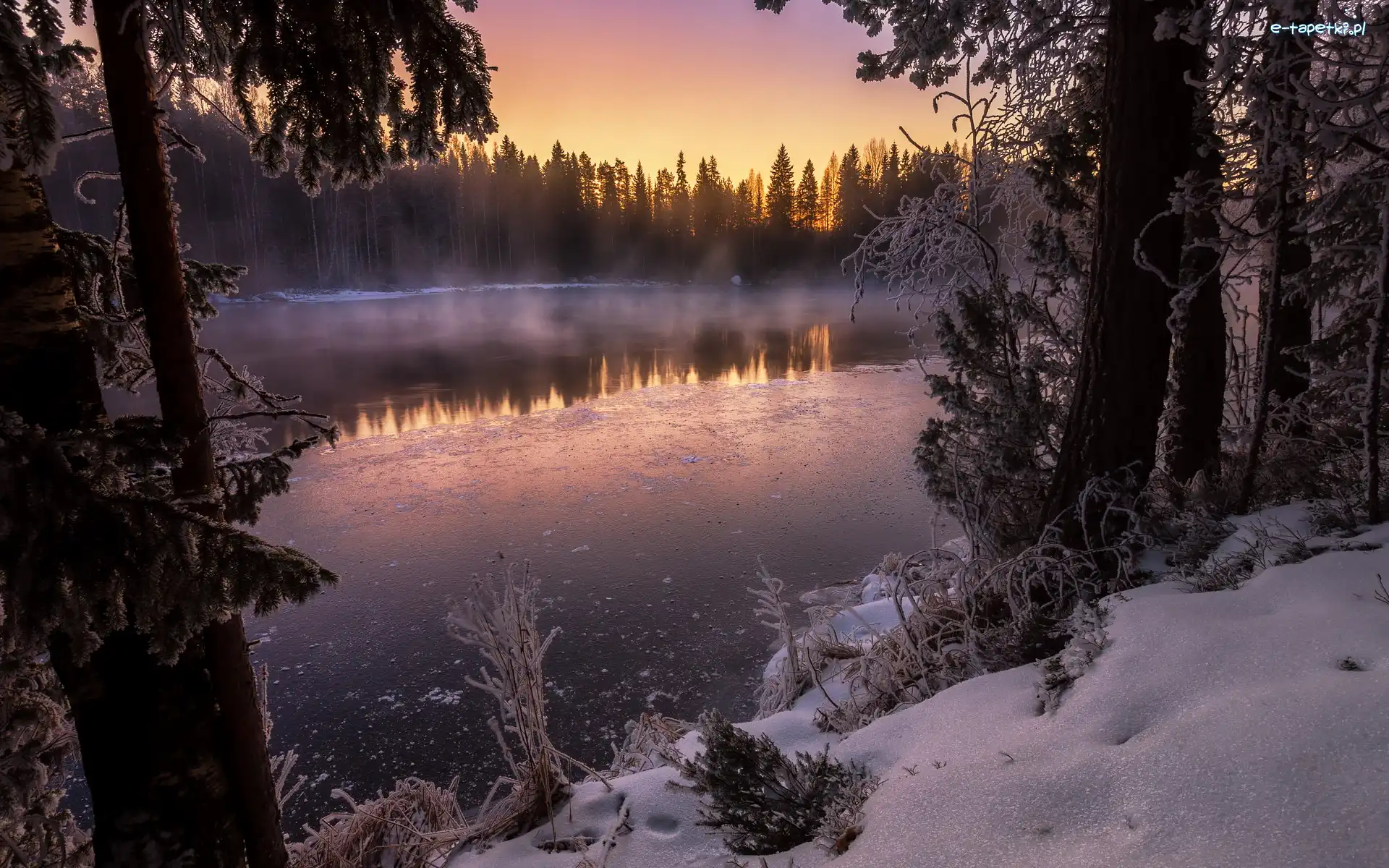 Lód, Zima, Finlandia, Kapeenkoski, Śnieg, Mgła, Jezioro, Wschód słońca
