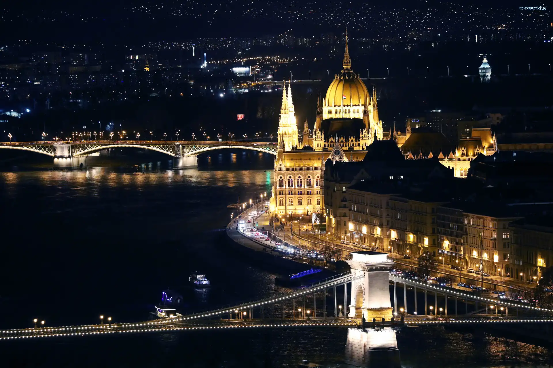 Miasto nocą, Most, Parlament, Rzeka Dunaj, Noc, Węgry, Budapeszt