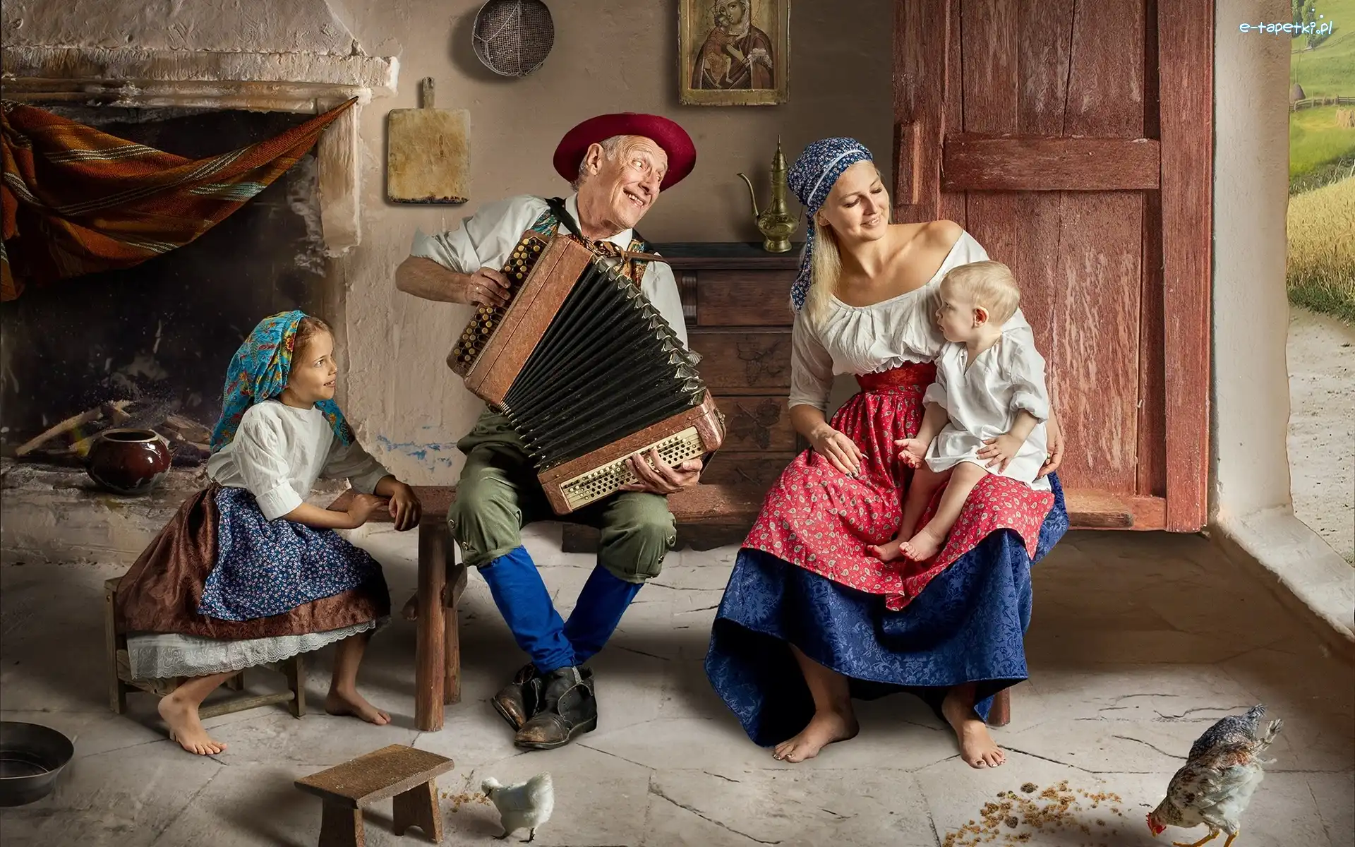 Izba, Mama, Dzieci, Akordeon, Dziadek, Rodzina
