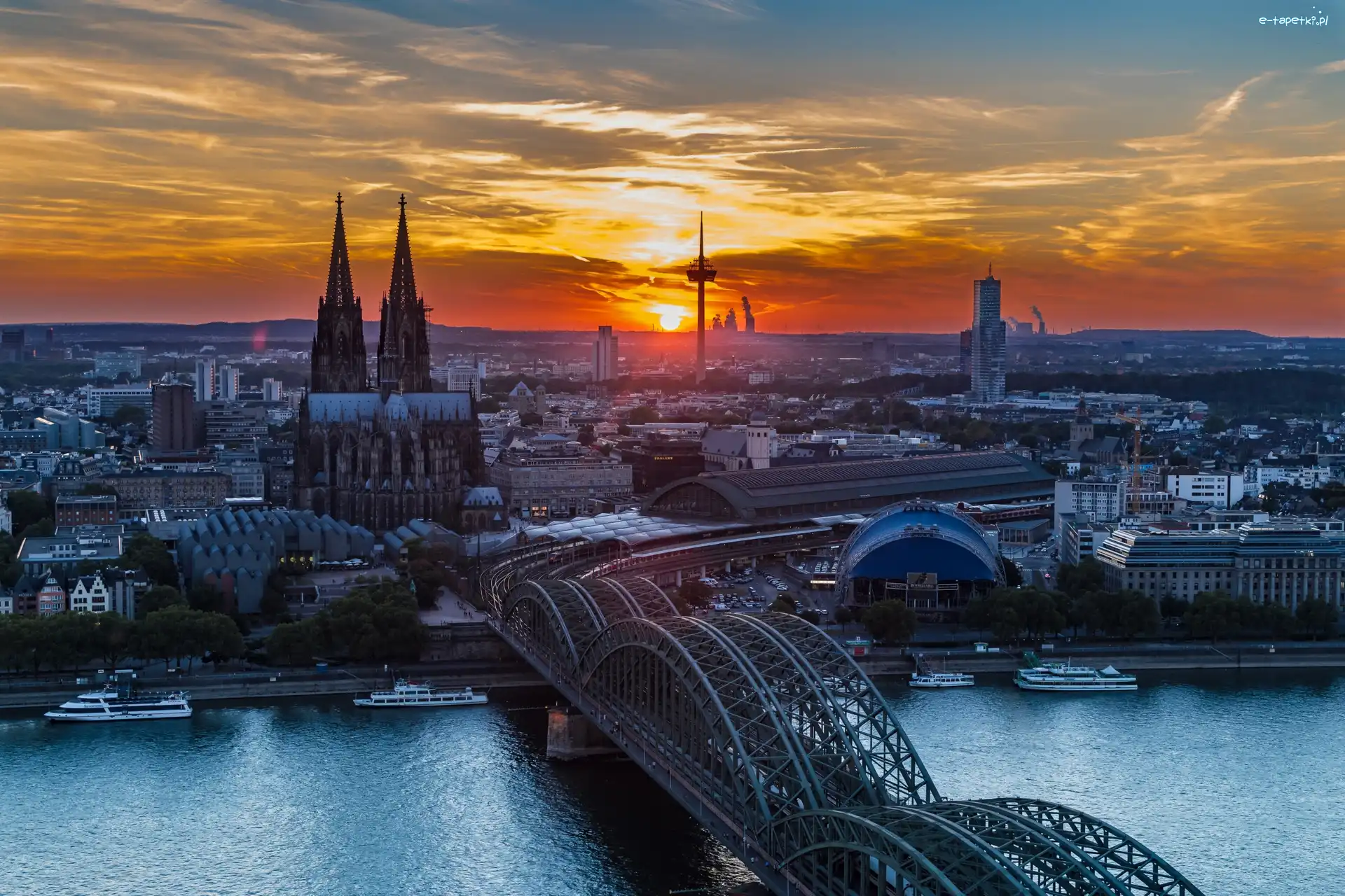 Kolonia, Katedra, Wschód słońca, Niemcy, Most Hohenzollernów, Rzeka Ren