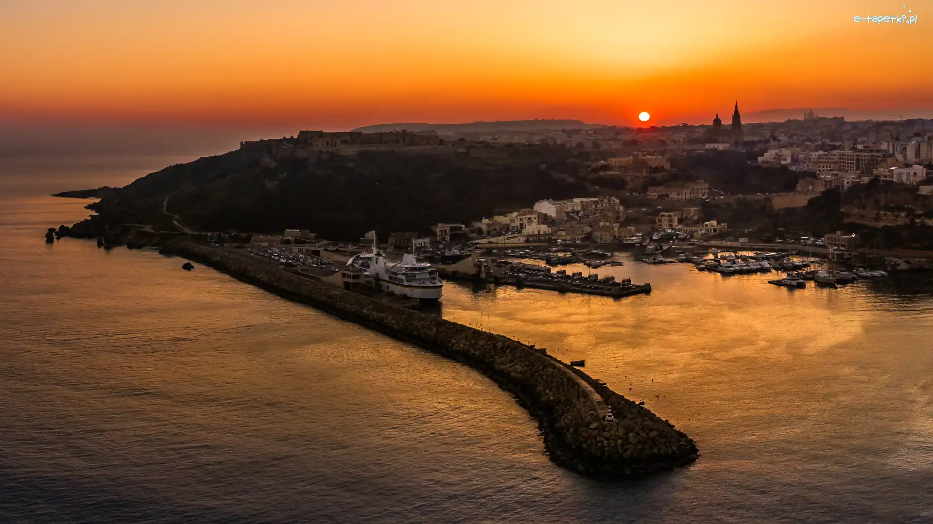 Malta, Zatoka, Wschód słońca, Przystań, Port, Wyspa Gozo, Mgarr