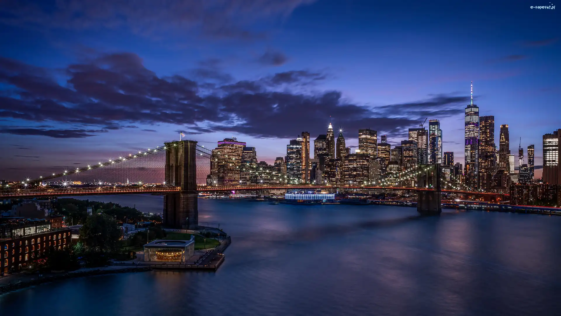Świt, Most Brookliński, Stany Zjednoczone, Manhattan, Wieżowce, Cieśnina East River, Nowy Jork, Brooklyn Bridge